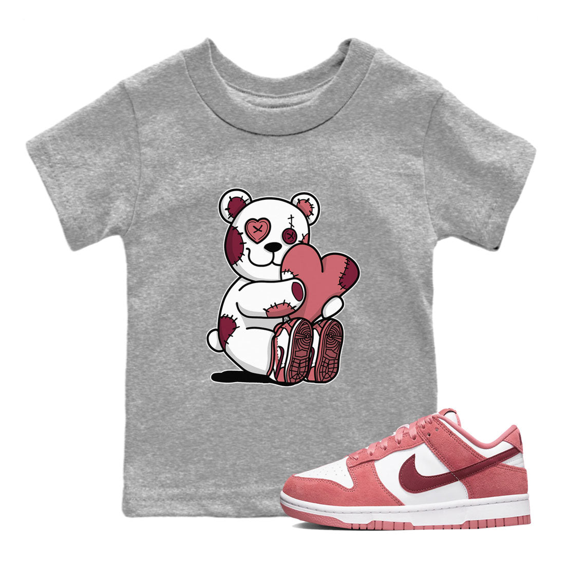 Dunk Valentines Day tees to match jordans Hugging Bear sneaker tees Dunk Valentines Day 2024 SNRT Sneaker Tees Baby Toddler Sneaker Matching Shirt Heather Grey 1 T-Shirt