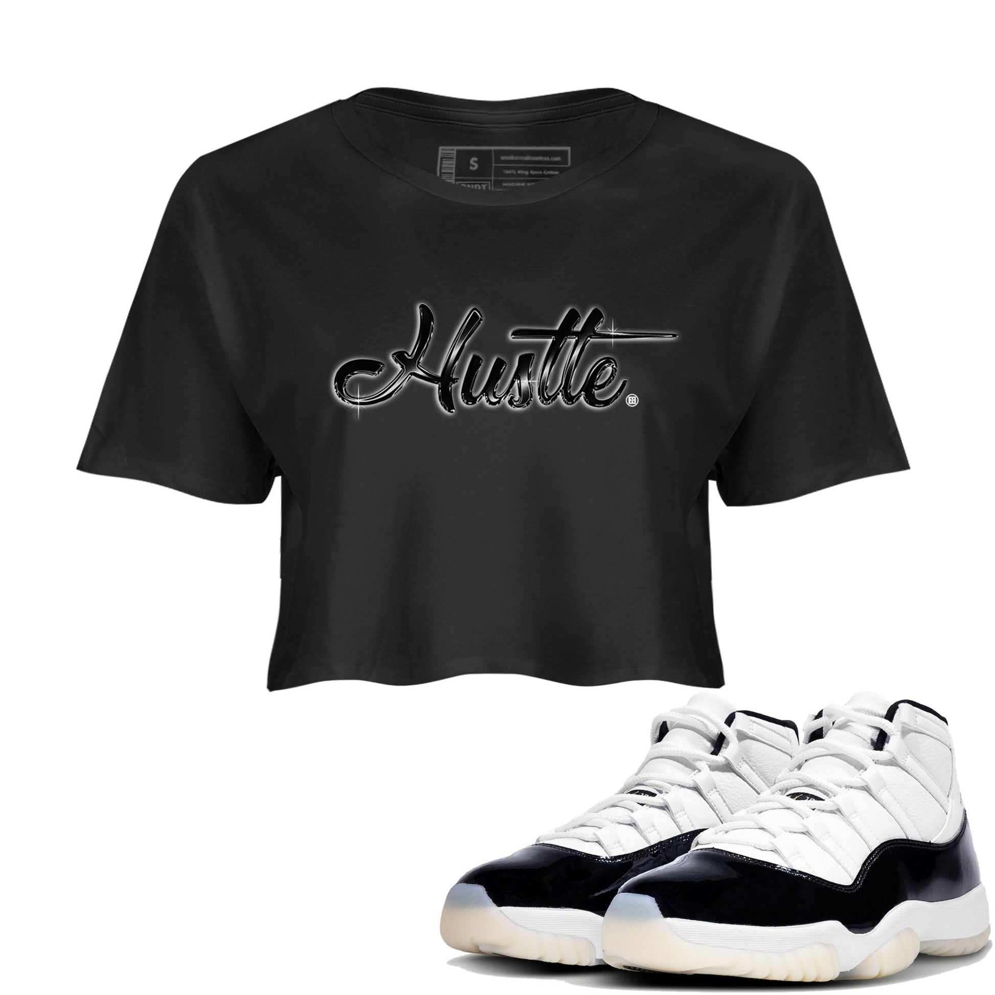 AJ11 Gratitude sneaker shirt to match jordans Hustle Chrome sneaker tees Air Jordan 11 Gratitude SNRT Sneaker Release Tees Black 1 Crop T-Shirt