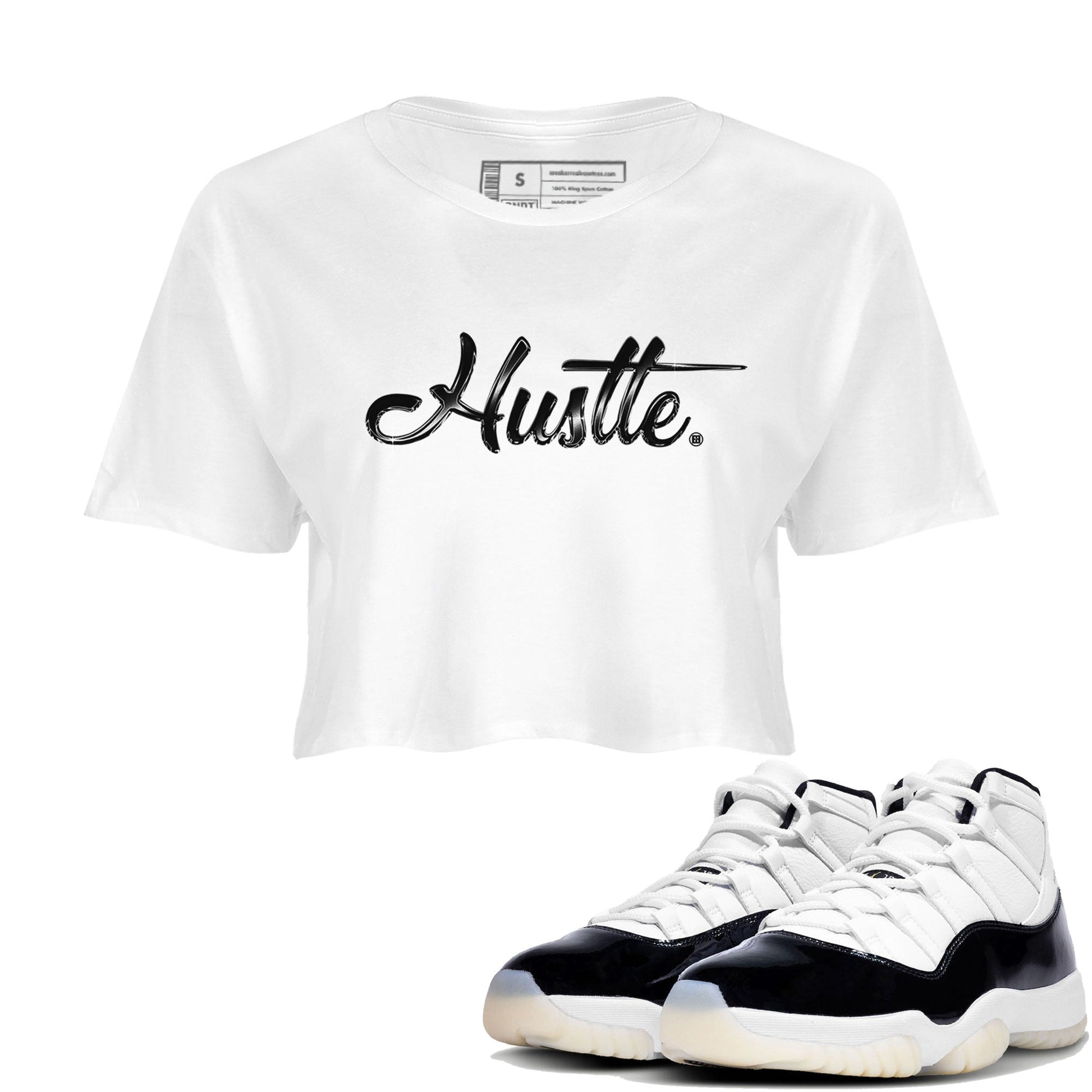 AJ11 Gratitude sneaker shirt to match jordans Hustle Chrome sneaker tees Air Jordan 11 Gratitude SNRT Sneaker Release Tees White 1 Crop T-Shirt