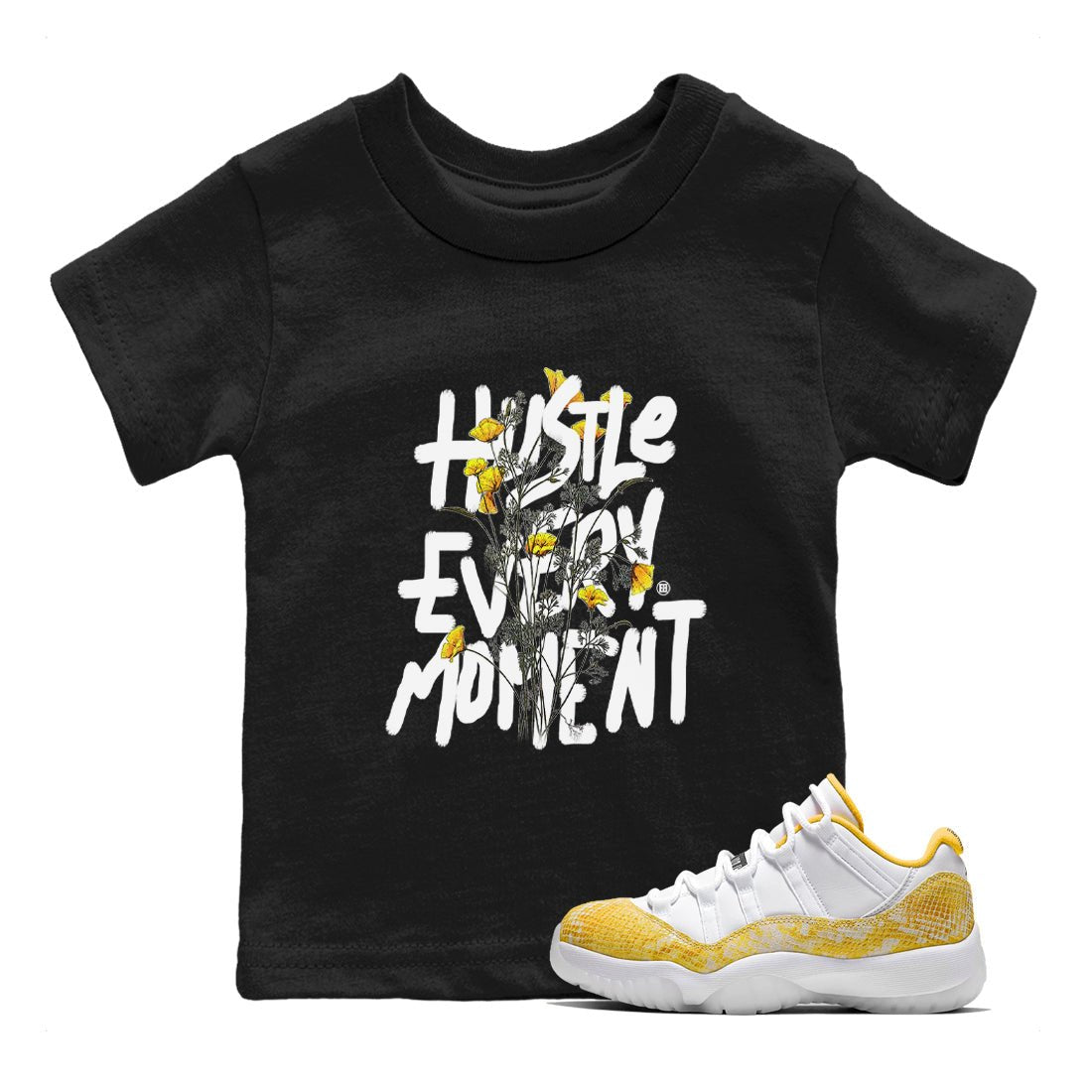 Air Jordan 11 Yellow Python Sneaker Match Tees Hustle Every Moment Sneaker Tees Air Jordan 11 Yellow Python Tees Kids Shirts Black 1