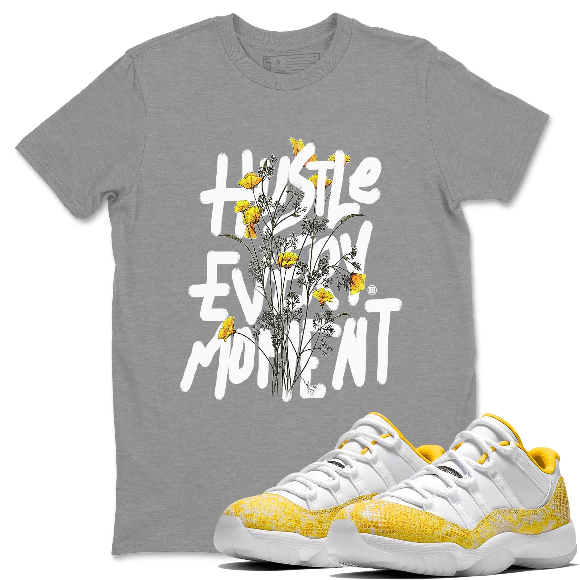 Air Jordan 11 Yellow Python Sneaker Match Tees Hustle Every Moment Sneaker Tees Air Jordan 11 Yellow Python Tees Unisex Shirts Heather Grey 1