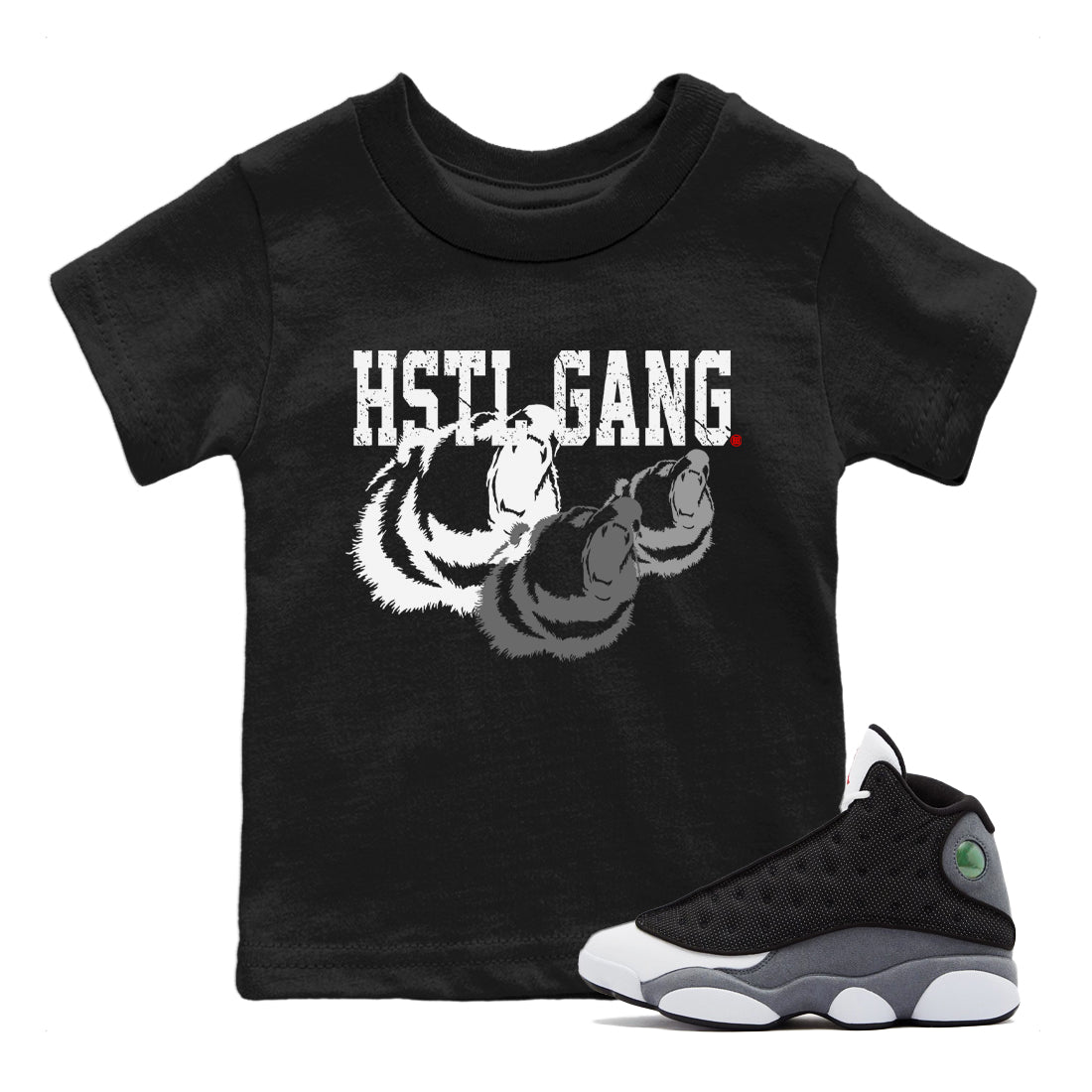 Air Jordan 13 Black Flint Sneaker Match Tees Hustle Gang Sneaker Tees AJ13 Black Flint Sneaker Release Tees Kids Shirts Black 1