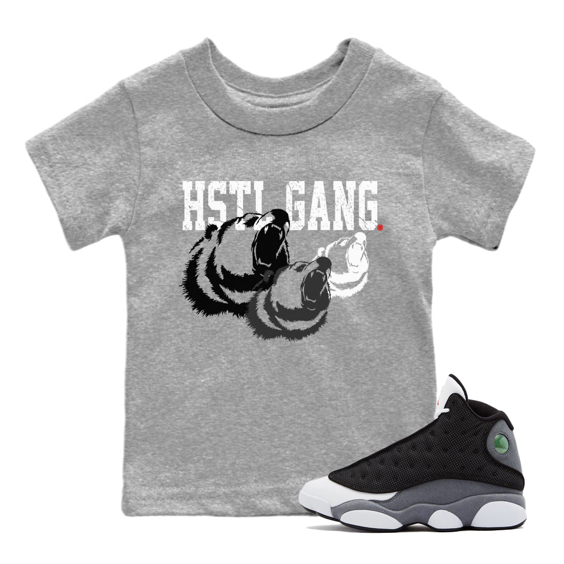 Air Jordan 13 Black Flint Sneaker Match Tees Hustle Gang Sneaker Tees AJ13 Black Flint Sneaker Release Tees Kids Shirts Heather Grey 1