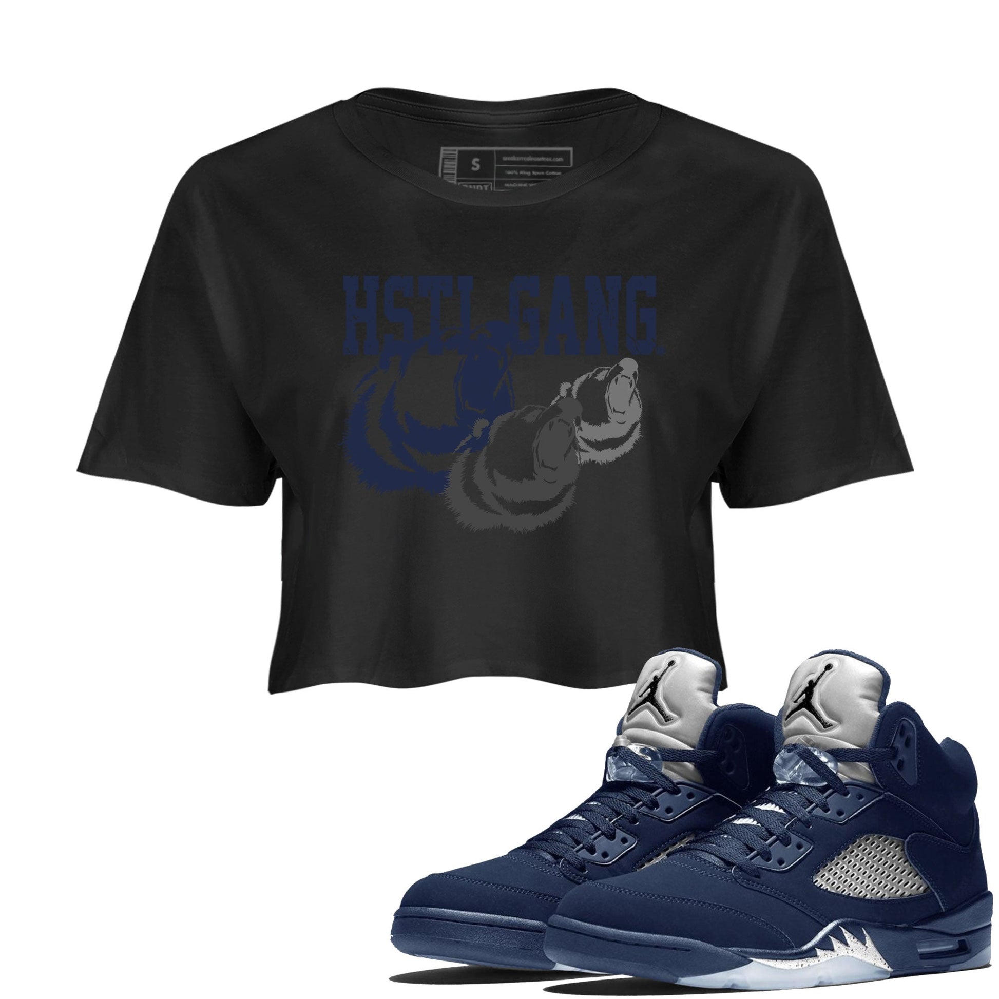 Midnight Navy 5s shirt to match jordans Hustle Gang sneaker tees Air Jordan 5 Retro Midnight Navy SNRT Sneaker Release Tees Black 1 Crop T-Shirt