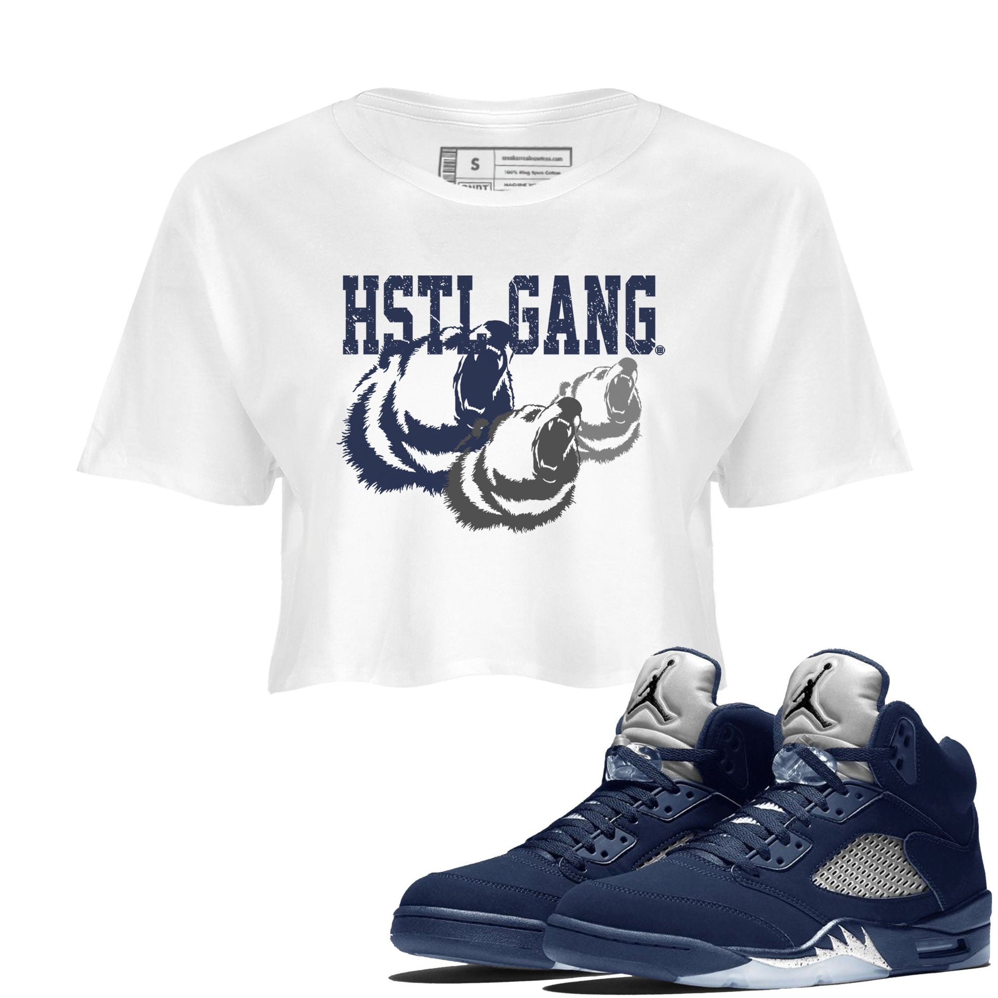 Midnight Navy 5s shirt to match jordans Hustle Gang sneaker tees Air Jordan 5 Retro Midnight Navy SNRT Sneaker Release Tees White 1 Crop T-Shirt