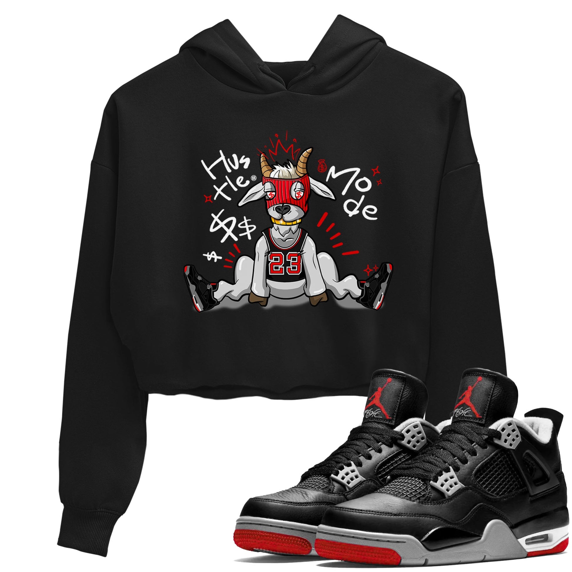 AJ4 Bred Reimagined shirt to match jordans Hustle Goat sneaker tees streetwear brand Air Jordan 4 Bred Reimagined SNRT Sneaker Release Tees Black 1 crop length shirt