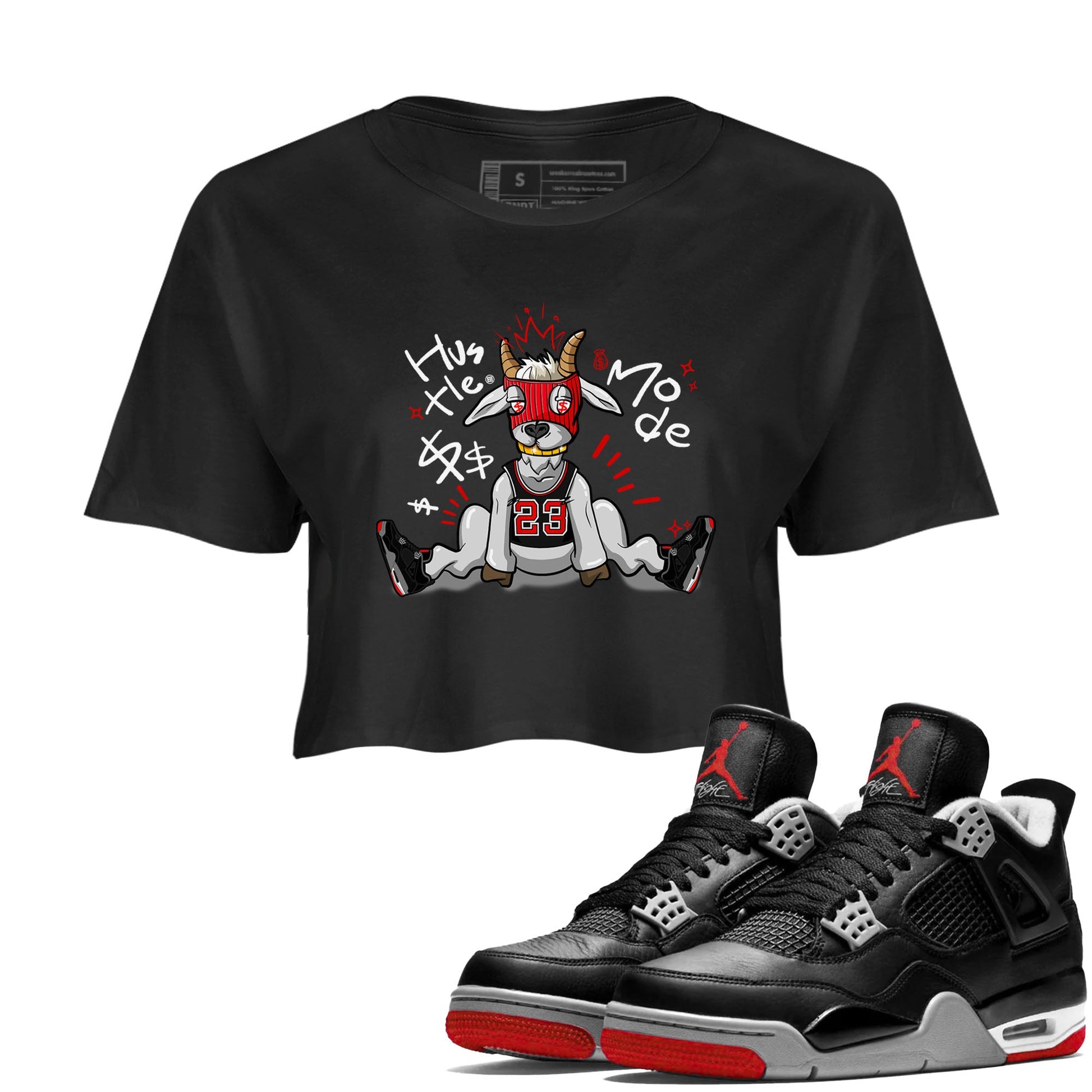 AJ4 Bred Reimagined shirt to match jordans Hustle Goat sneaker tees streetwear brand Air Jordan 4 Bred Reimagined SNRT Sneaker Release Tees Black 1 crop length shirt
