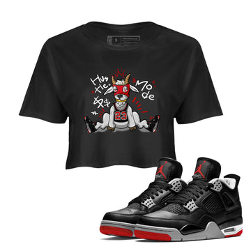 AJ4 Bred Reimagined shirt to match jordans Hustle Goat sneaker tees streetwear brand Air Jordan 4 Bred Reimagined SNRT Sneaker Release Tees Black 1 crop length shirt