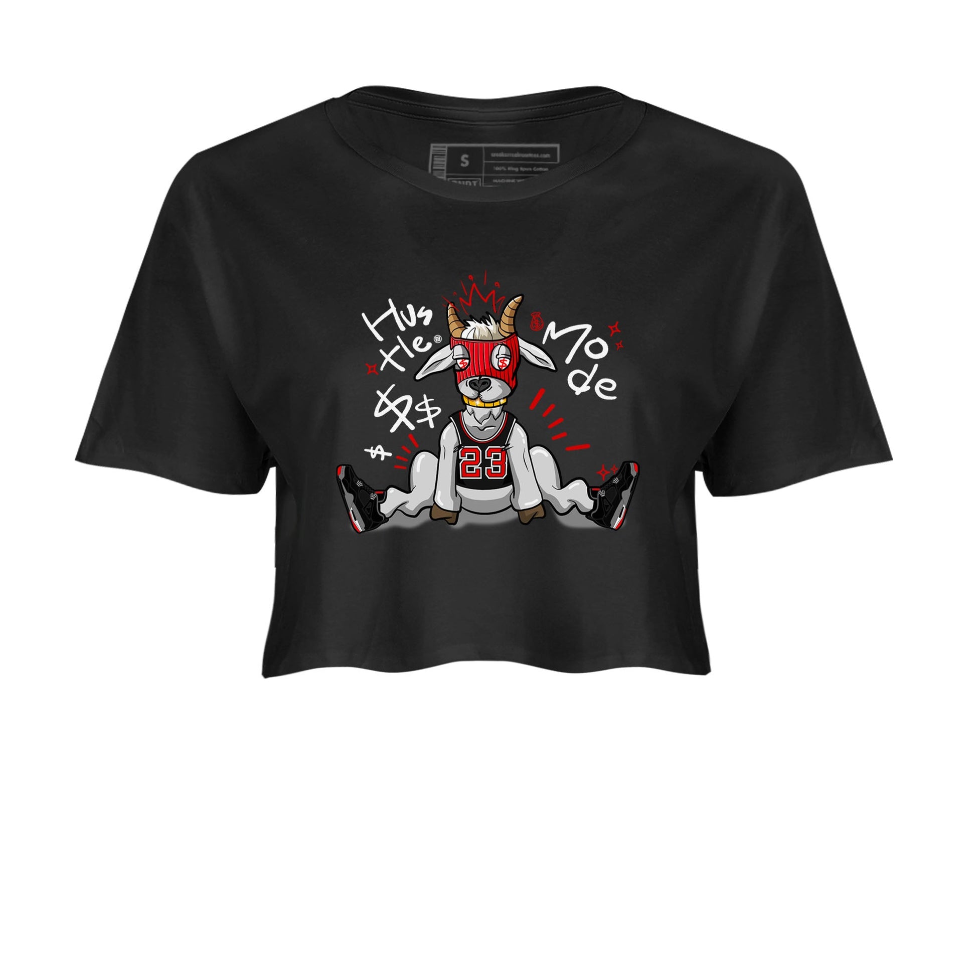 AJ4 Bred Reimagined shirt to match jordans Hustle Goat sneaker tees streetwear brand Air Jordan 4 Bred Reimagined SNRT Sneaker Release Tees Black 2 crop length shirt