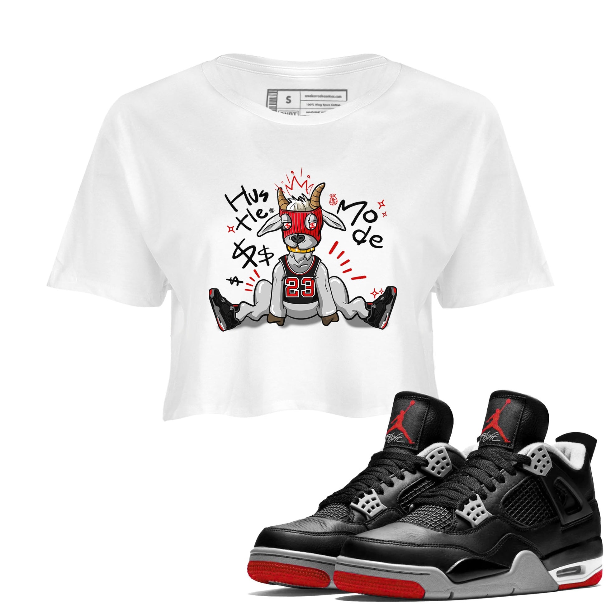 AJ4 Bred Reimagined shirt to match jordans Hustle Goat sneaker tees streetwear brand Air Jordan 4 Bred Reimagined SNRT Sneaker Release Tees White 1 crop length shirt