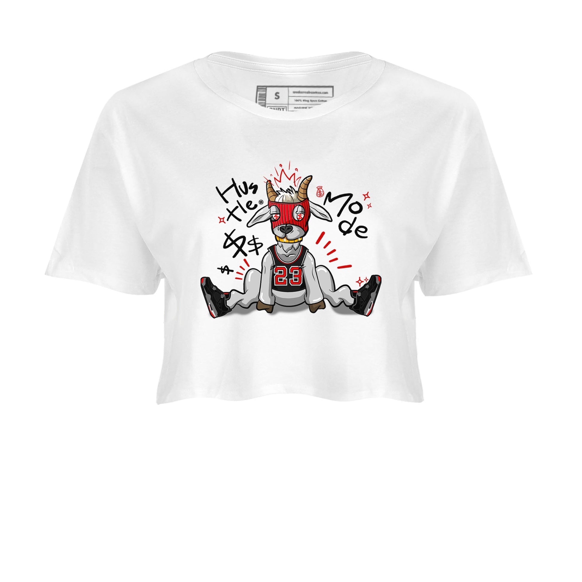 AJ4 Bred Reimagined shirt to match jordans Hustle Goat sneaker tees streetwear brand Air Jordan 4 Bred Reimagined SNRT Sneaker Release Tees White 2 crop length shirt