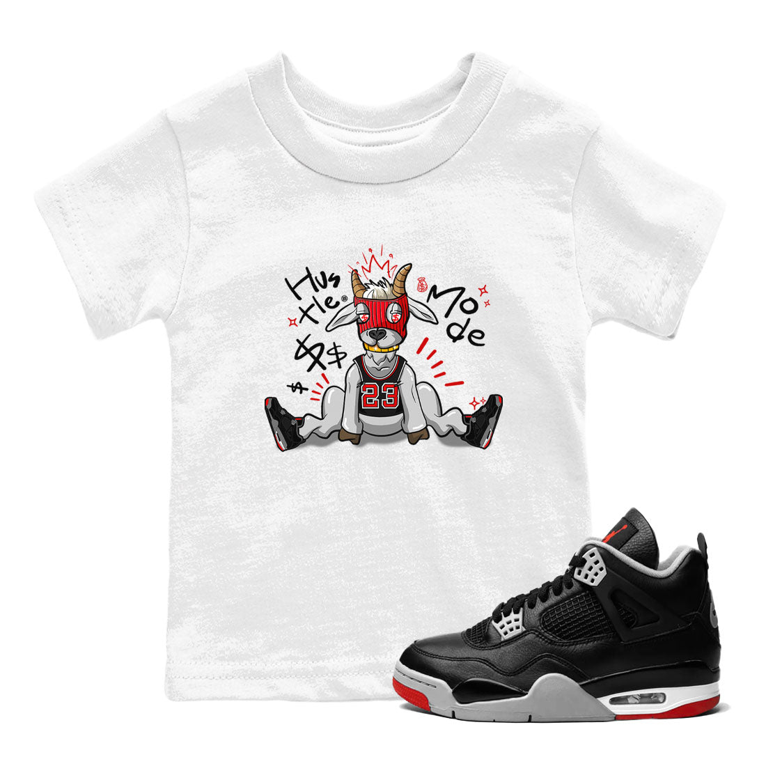 AJ4 Bred Reimagined shirt to match jordans Hustle Goat sneaker tees streetwear brand Air Jordan 4 Bred Reimagined SNRT sneaker release tees baby toddler White 1 cotton Shirt