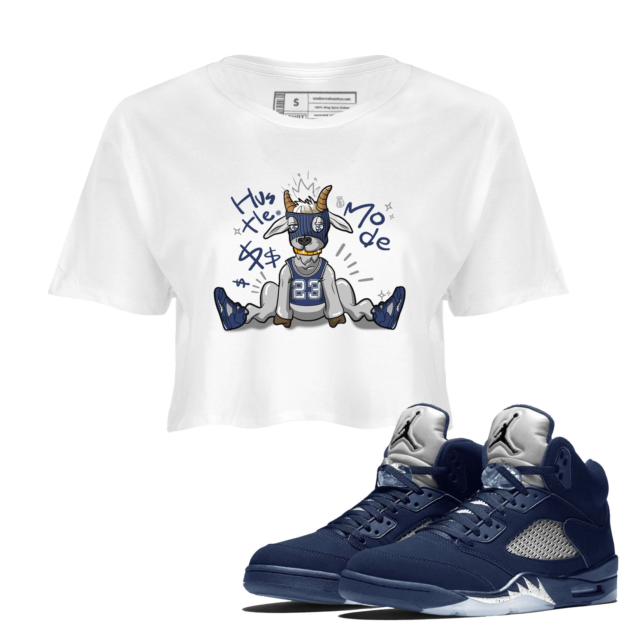 Jordan 5 Retro Midnight Navy shirt to match jordans Navy Hustle Goat sneaker tees Air Jordan 5 Georgetown 5s Navy SNRT Sneaker Tees White 1 Crop T-Shirt