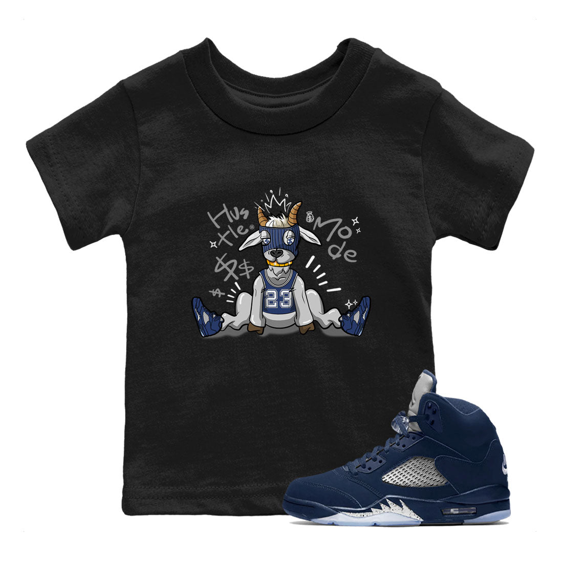 Jordan 5 Retro Midnight Navy shirt to match jordans Navy Hustle Goat sneaker tees Air Jordan 5 Georgetown 5s Navy SNRT Sneaker Tees Baby Toddler Sneaker Matching Shirt Black 1 T-Shirt