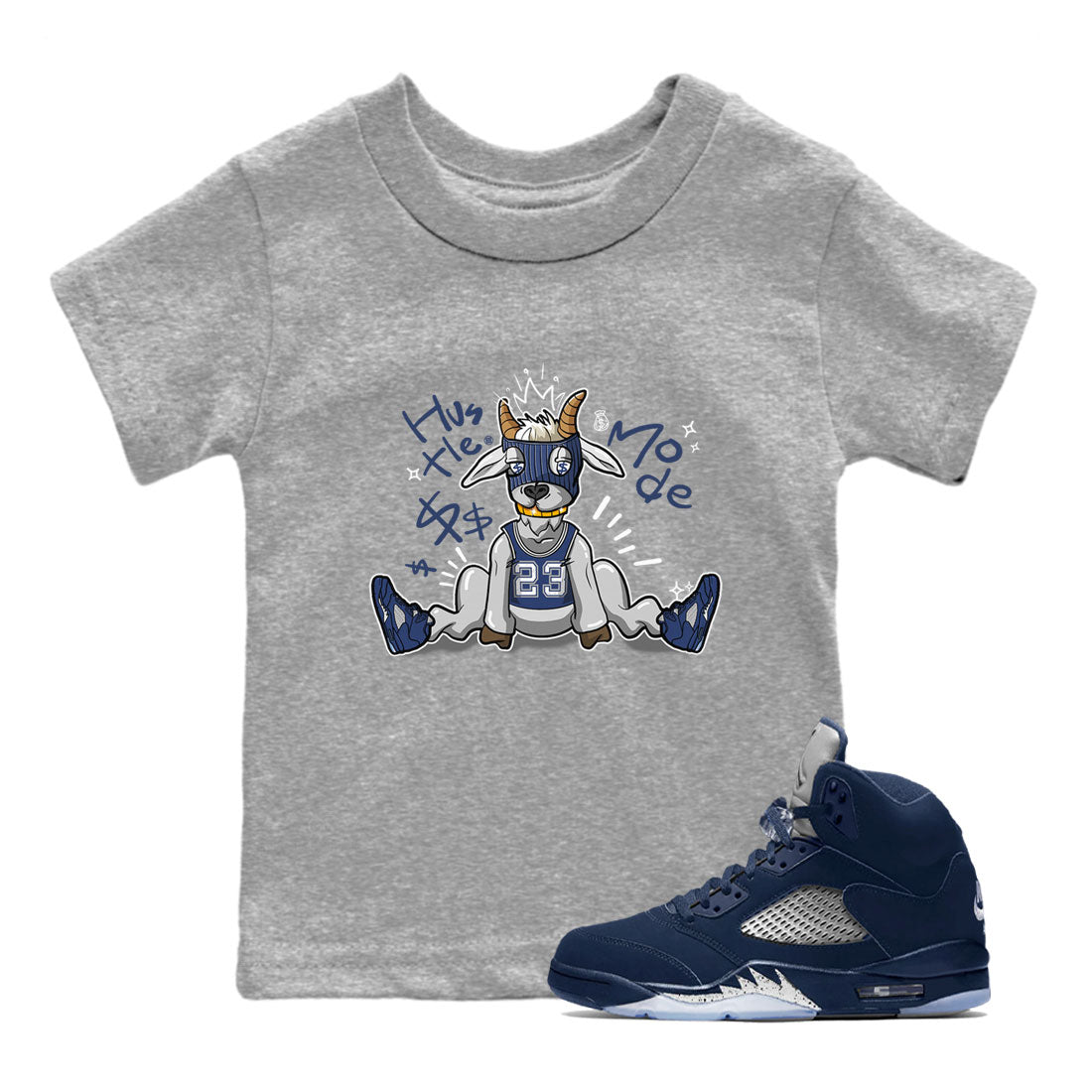 Jordan 5 Retro Midnight Navy shirt to match jordans Navy Hustle Goat sneaker tees Air Jordan 5 Georgetown 5s Navy SNRT Sneaker Tees Baby Toddler Sneaker Matching Shirt Heather Grey 1 T-Shirt