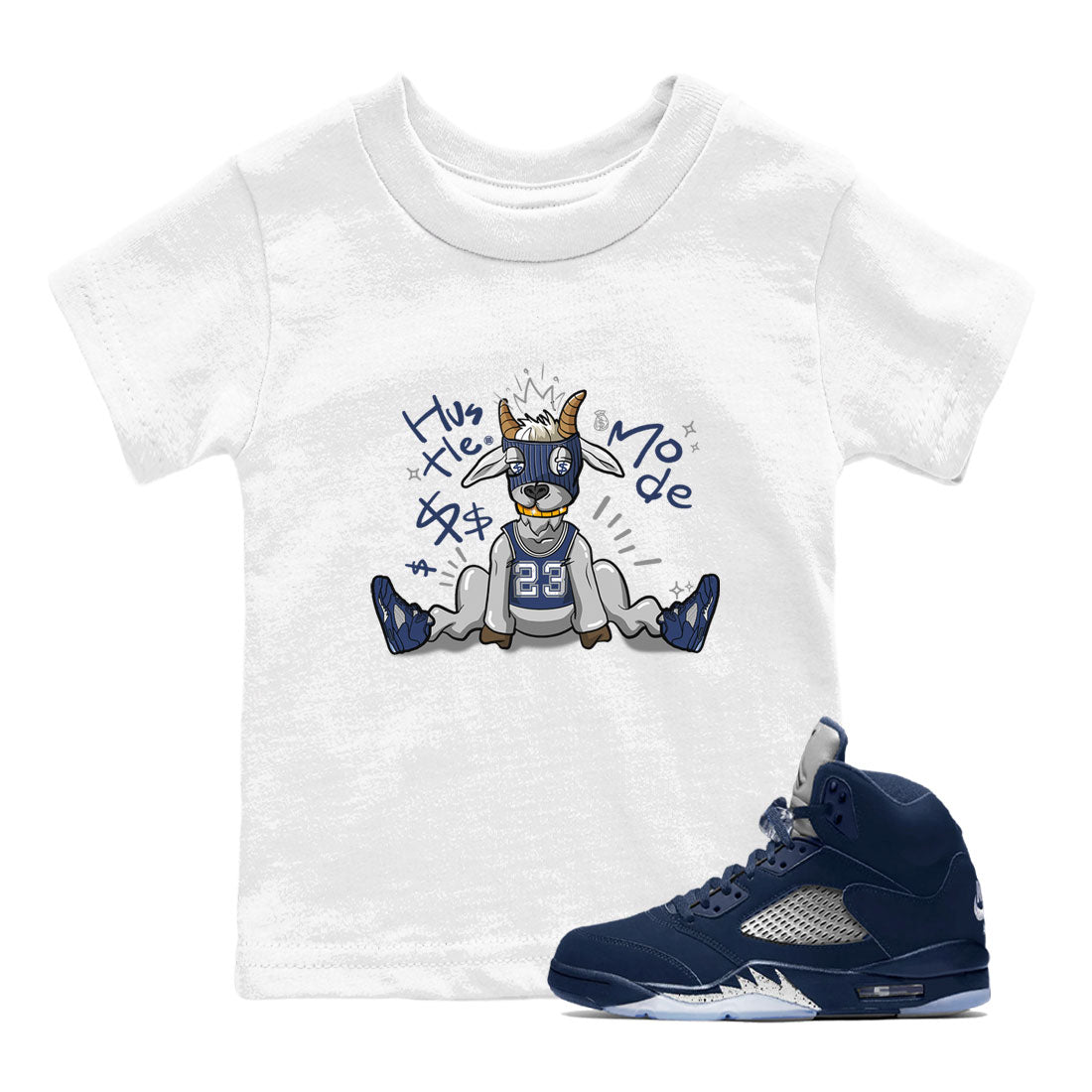 Jordan 5 Retro Midnight Navy shirt to match jordans Navy Hustle Goat sneaker tees Air Jordan 5 Georgetown 5s Navy SNRT Sneaker Tees Baby Toddler Sneaker Matching Shirt White 1 T-Shirt