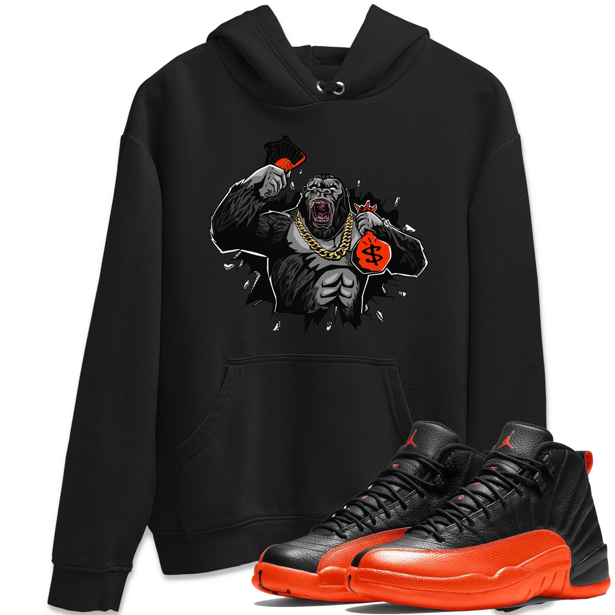 Air Jordan 12 Brilliant Orange Sneaker Match Tees Hustle Gorilla Sneaker Tees AJ12 Brilliant Orange Sneaker Release Tees Unisex Shirts Black 1