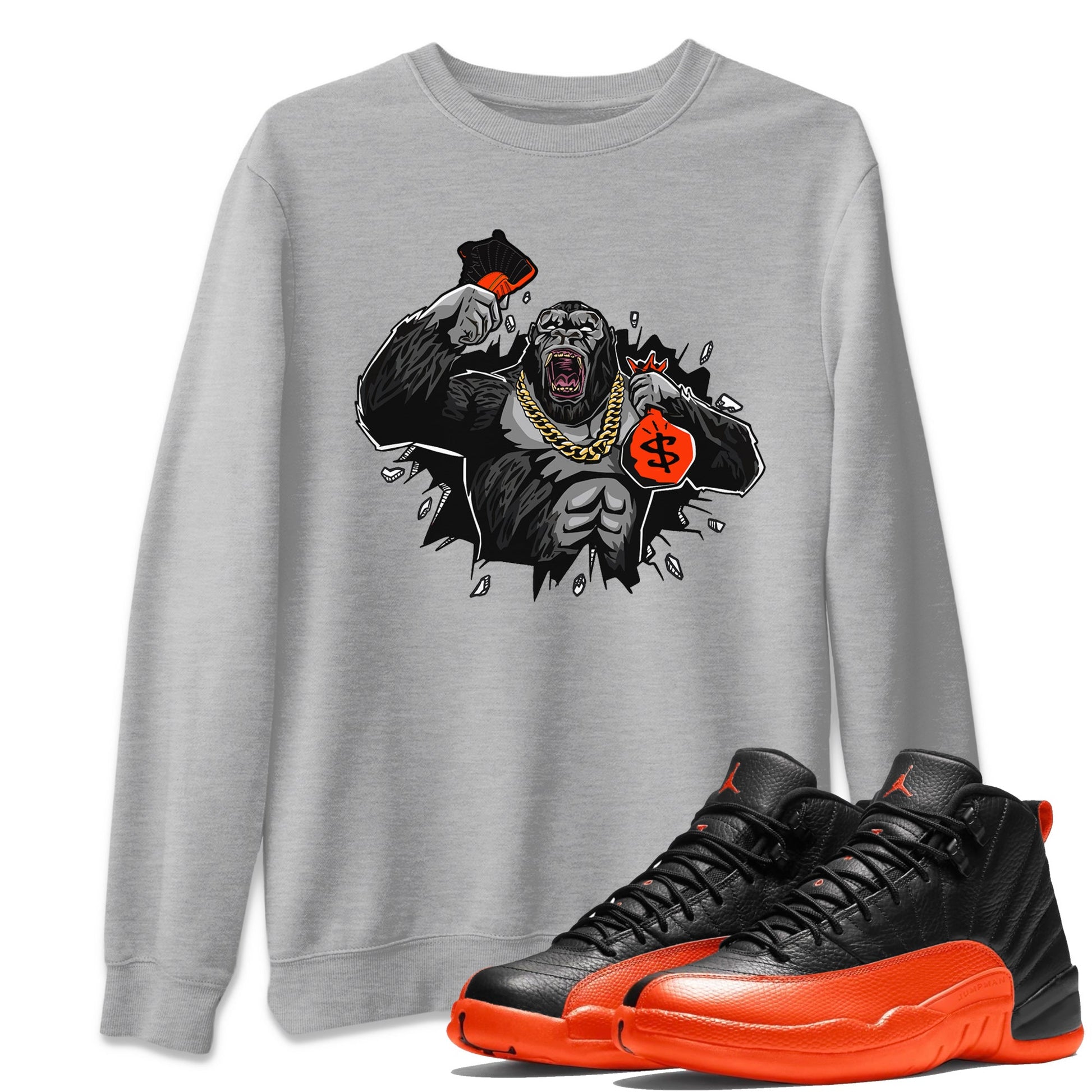 Air Jordan 12 Brilliant Orange Sneaker Match Tees Hustle Gorilla Sneaker Tees AJ12 Brilliant Orange Sneaker Release Tees Unisex Shirts Heather Grey 1