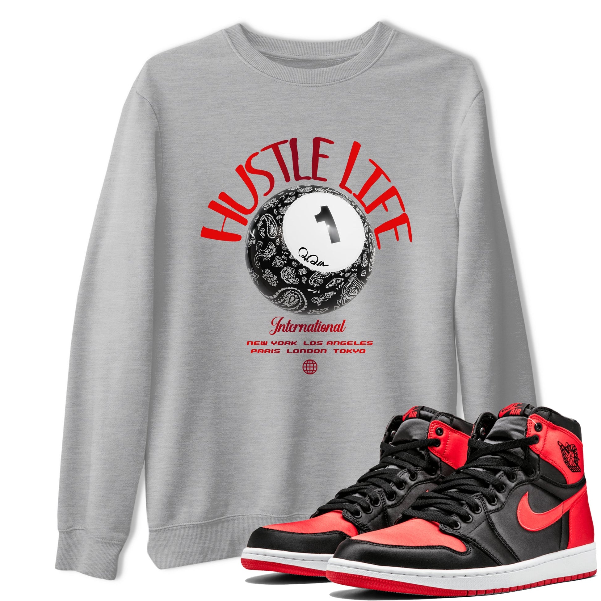 Air Jordan 1 Satin Bred shirt to match jordans Hustle Life sneaker tees AJ1 Satin Bred SNRT Sneaker Release Tees Unisex Heather Grey 1 T-Shirt