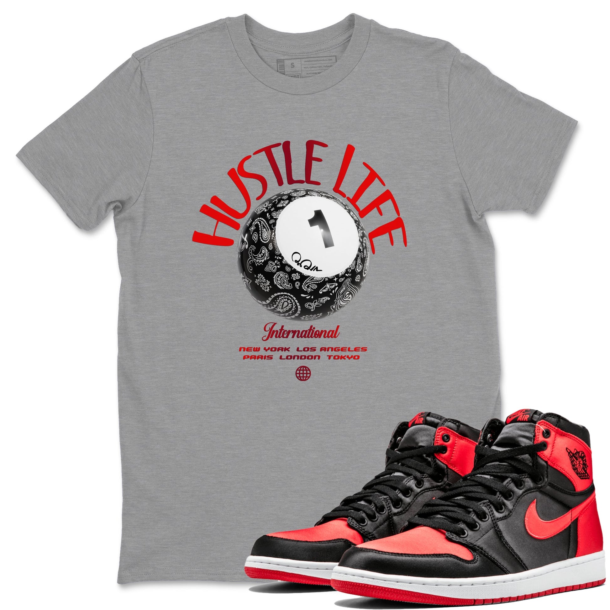 Air Jordan 1 Satin Bred shirt to match jordans Hustle Life sneaker tees AJ1 Satin Bred SNRT Sneaker Release Tees Unisex Heather Grey 1 T-Shirt