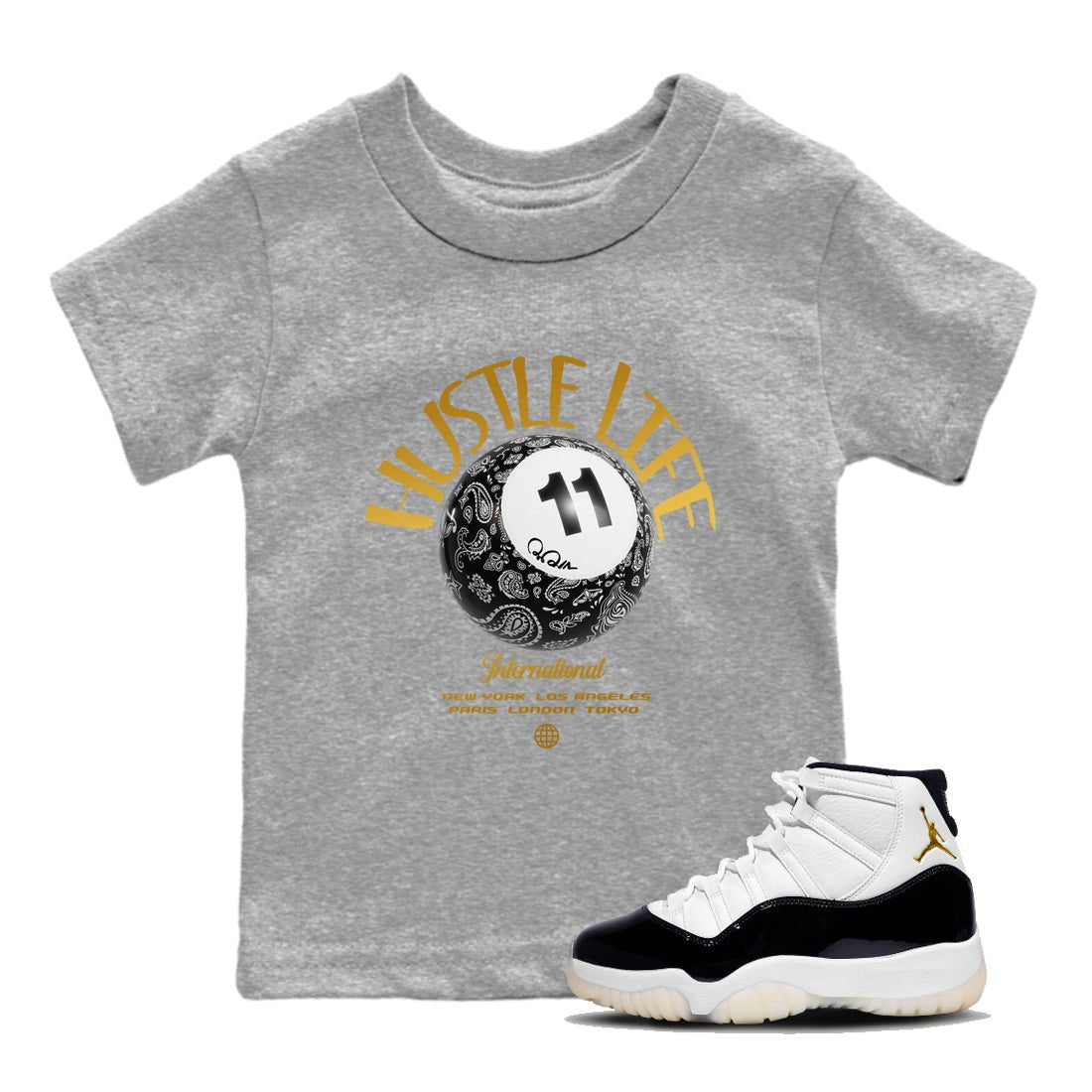 Air Jordan 11 Gratitude shirt to match jordans Hustle Life sneaker tees AJ11 Gratitude SNRT Sneaker Release Tees Baby Toddler Heather Grey 1 T-Shirt