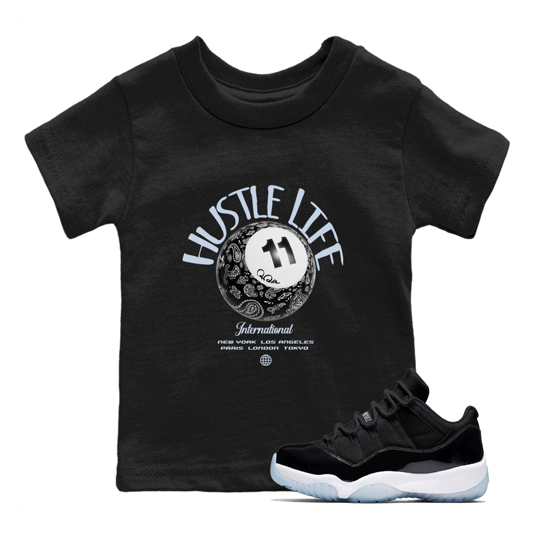 Air Jordan 11 Space shirt to match jordans Hustle Life sneaker tees AJ11 Black and Varsity Royal SNRT sneaker release tees baby toddler Black 1 cotton Shirt