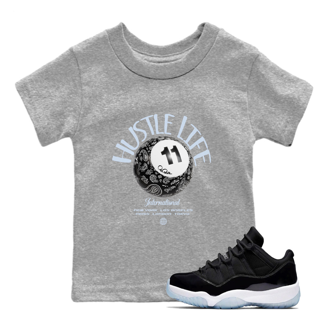 Air Jordan 11 Space shirt to match jordans Hustle Life sneaker tees AJ11 Black and Varsity Royal SNRT sneaker release tees baby toddler Heather Grey 1 cotton Shirt