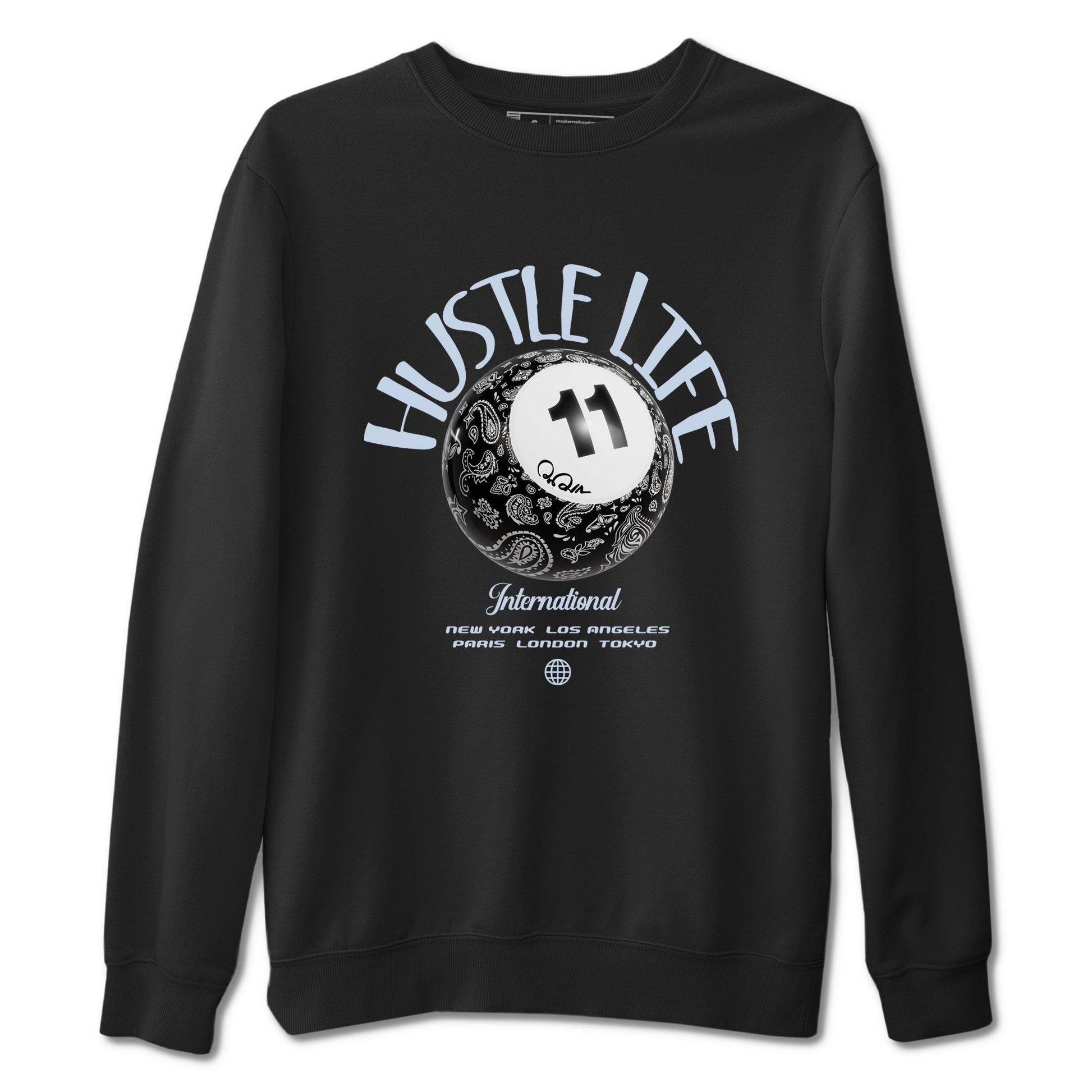 Air Jordan 11 Space shirt to match jordans Hustle Life sneaker tees AJ11 Black and Varsity Royal SNRT Sneaker Release Tees unisex cotton Black 2 crew neck shirt