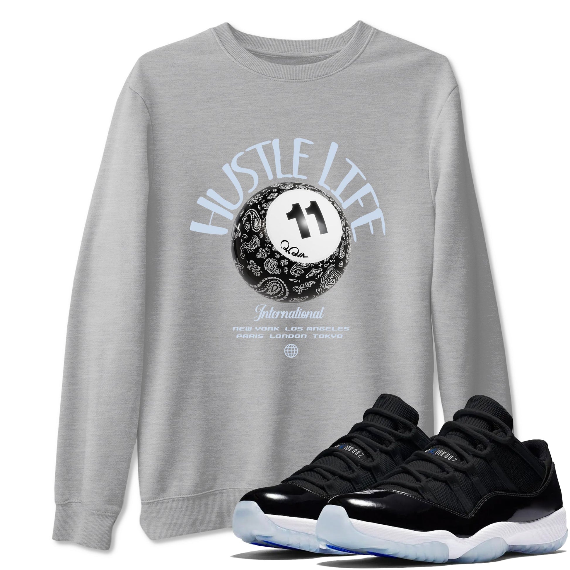 Air Jordan 11 Space shirt to match jordans Hustle Life sneaker tees AJ11 Black and Varsity Royal SNRT Sneaker Release Tees unisex cotton Heather Grey 1 crew neck shirt