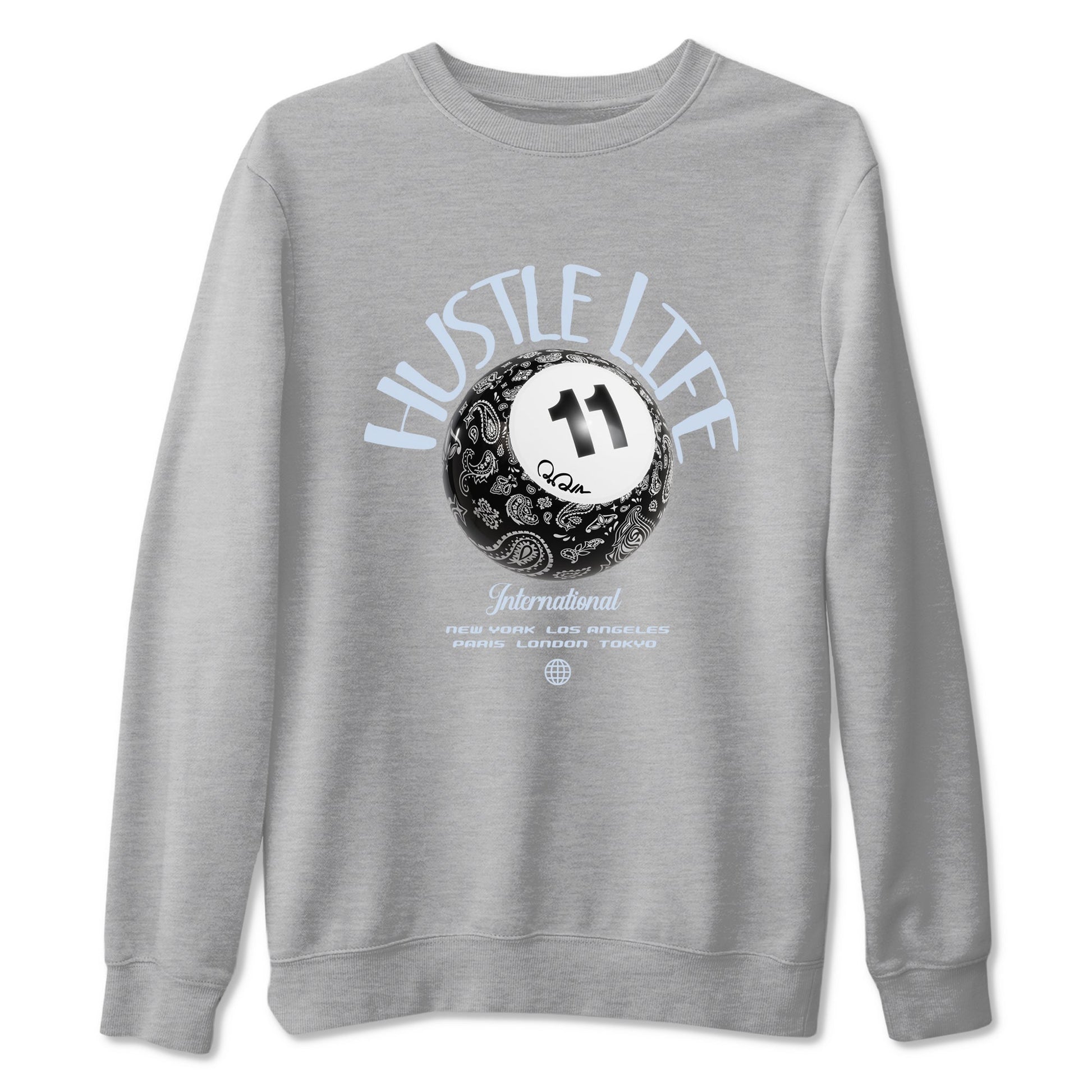 Air Jordan 11 Space shirt to match jordans Hustle Life sneaker tees AJ11 Black and Varsity Royal SNRT Sneaker Release Tees unisex cotton Heather Grey 2 crew neck shirt