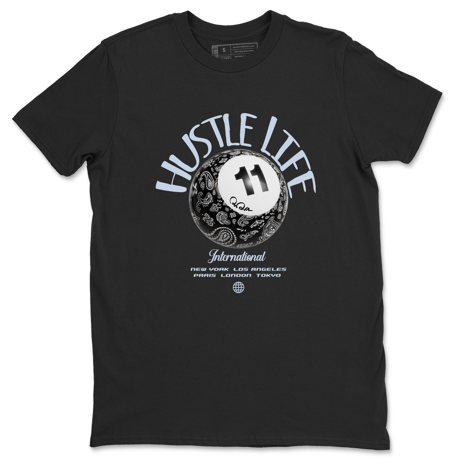 Air Jordan 11 Space shirt to match jordans Hustle Life sneaker tees AJ11 Black and Varsity Royal SNRT Sneaker Release Tees unisex cotton Black 2 crew neck shirt