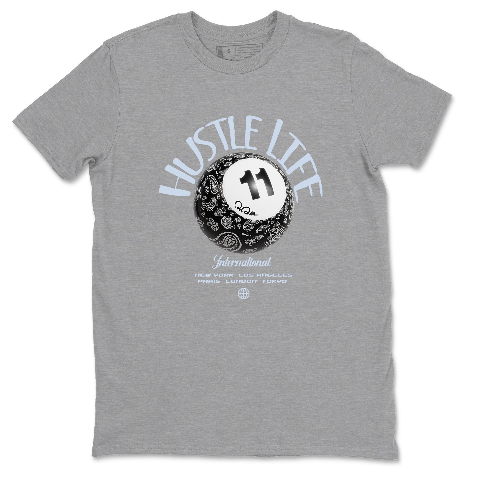 Air Jordan 11 Space shirt to match jordans Hustle Life sneaker tees AJ11 Black and Varsity Royal SNRT Sneaker Release Tees unisex cotton Heather Grey 2 crew neck shirt
