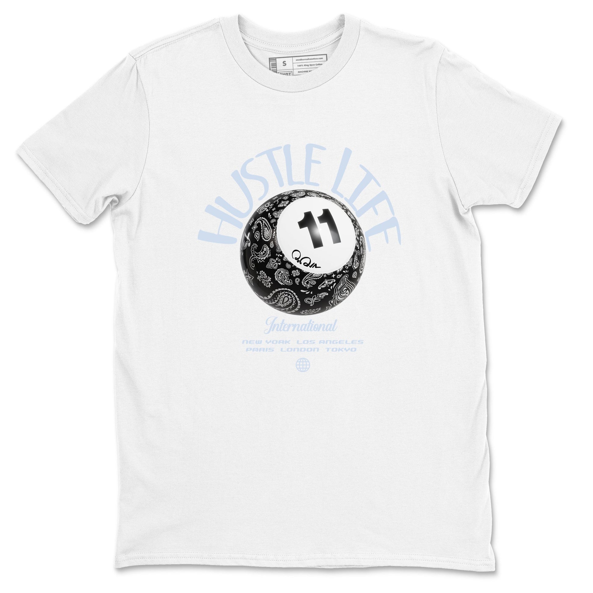 Air Jordan 11 Space shirt to match jordans Hustle Life sneaker tees AJ11 Black and Varsity Royal SNRT Sneaker Release Tees unisex cotton White 2 crew neck shirt