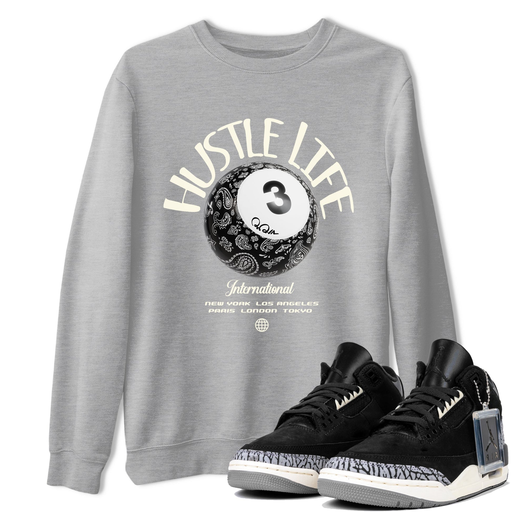 Air Jordan 3 Off Noir shirt to match jordans Hustle Life sneaker tees AJ3 Off Noir SNRT Sneaker Release Tees Unisex Heather Grey 1 T-Shirt