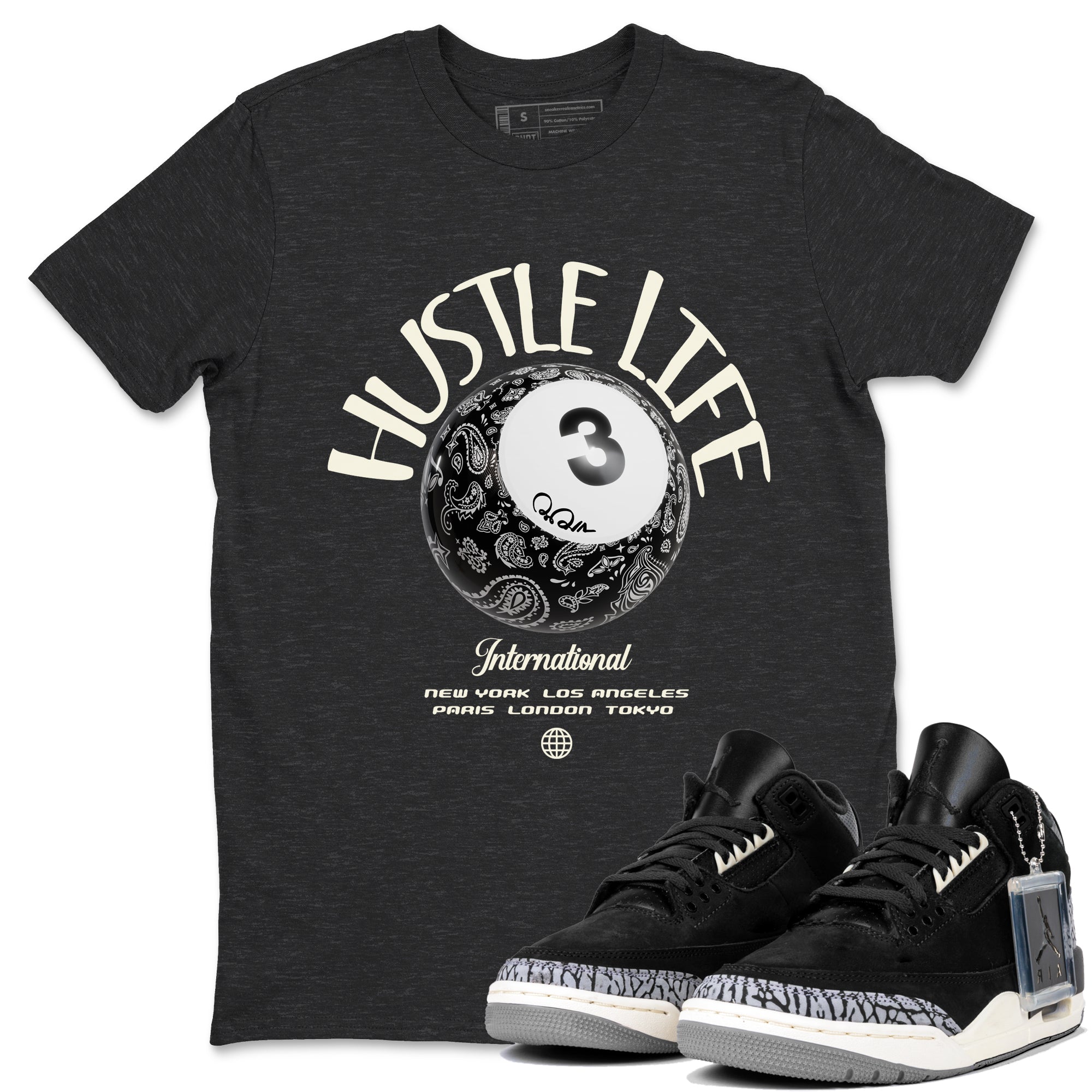 Air Jordan 3 Off Noir shirt to match jordans Hustle Life sneaker tees AJ3 Off Noir SNRT Sneaker Release Tees Unisex Charcoal Heather 1 T-Shirt