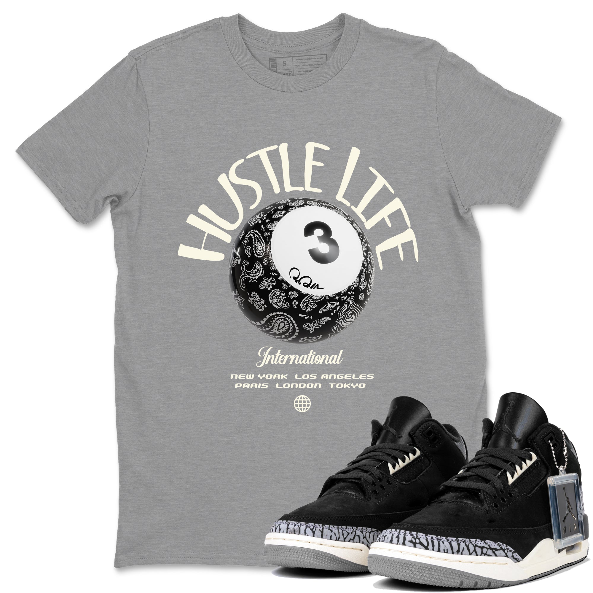 Air Jordan 3 Off Noir shirt to match jordans Hustle Life sneaker tees AJ3 Off Noir SNRT Sneaker Release Tees Unisex Heather Grey 1 T-Shirt