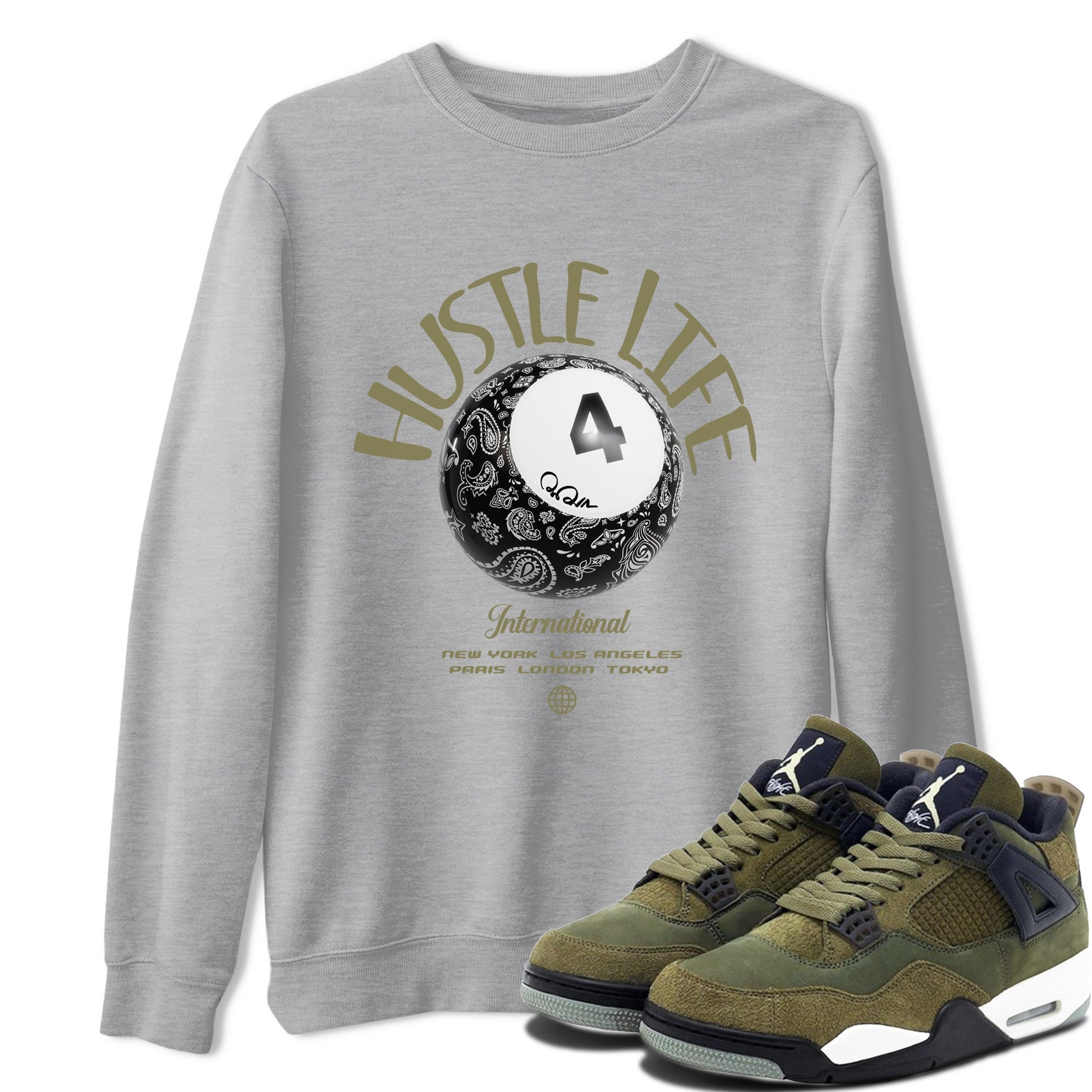 Air Jordan 4 Medium Olive shirt to match jordans Hustle Life sneaker tees AJ4Medium Olive SNRT Sneaker Release Tees Unisex Heather Grey 1 T-Shirt
