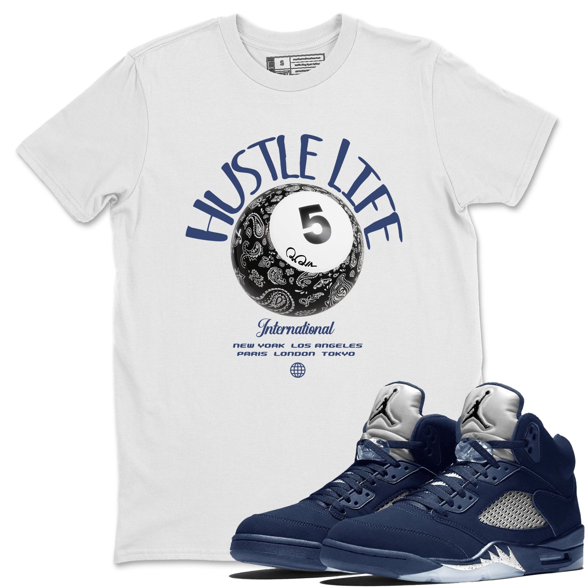 Air Jordan 5 Georgetown shirt to match jordans Hustle Life sneaker tees AJ5 Georgetown SNRT Sneaker Release Tees Unisex White 1 T-Shirt