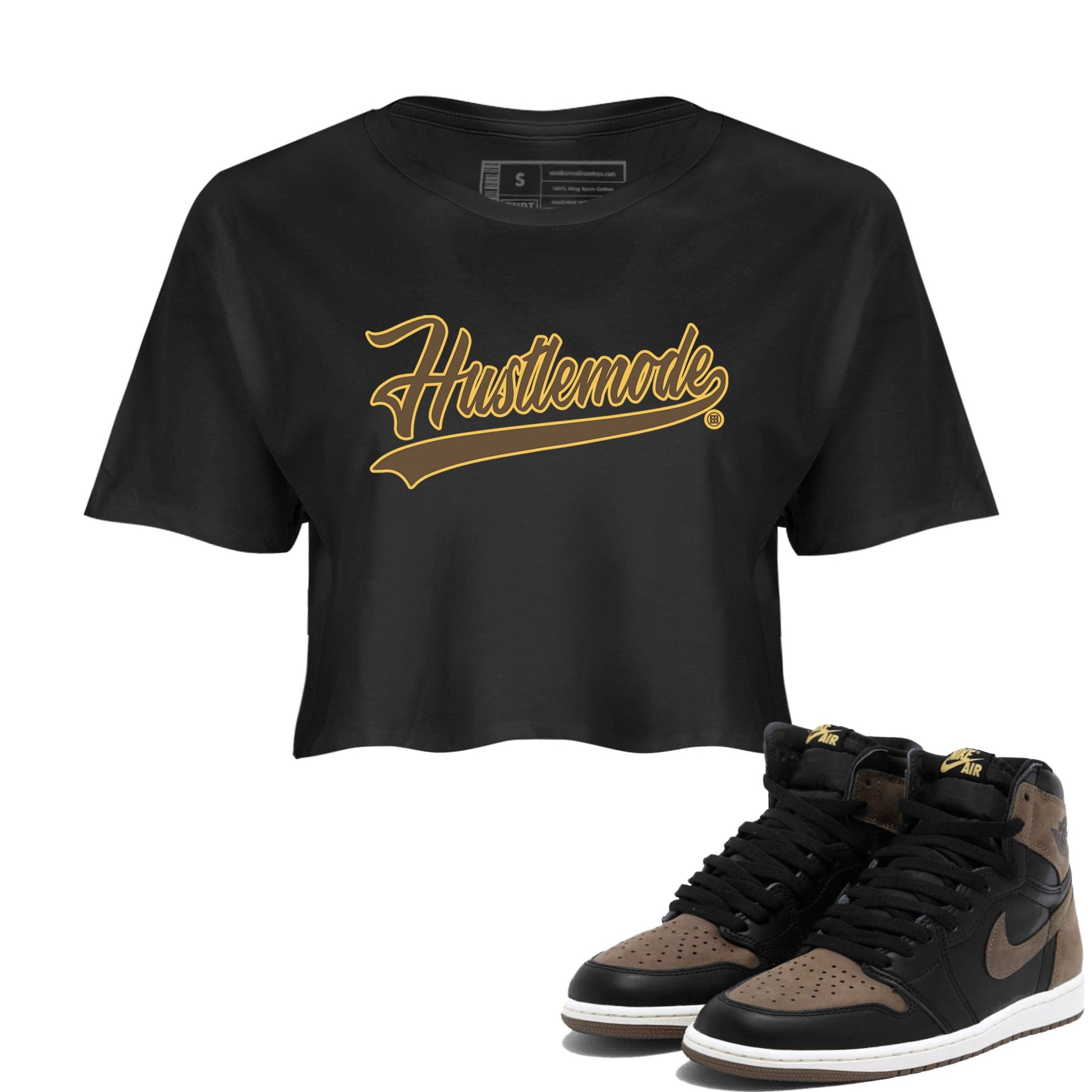 Air Jordan 1 Palomino shirt to match jordans Hustle Mode sneaker tees Crew Neck Jordan 1 Retro High OG Palomino SNRT Sneaker Release Tees Black 1 Crop T-Shirt