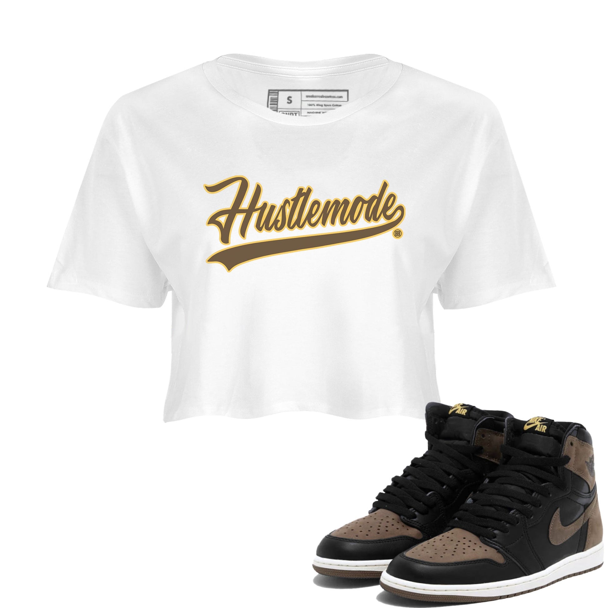 Air Jordan 1 Palomino shirt to match jordans Hustle Mode sneaker tees Crew Neck Jordan 1 Retro High OG Palomino SNRT Sneaker Release Tees White 1 Crop T-Shirt