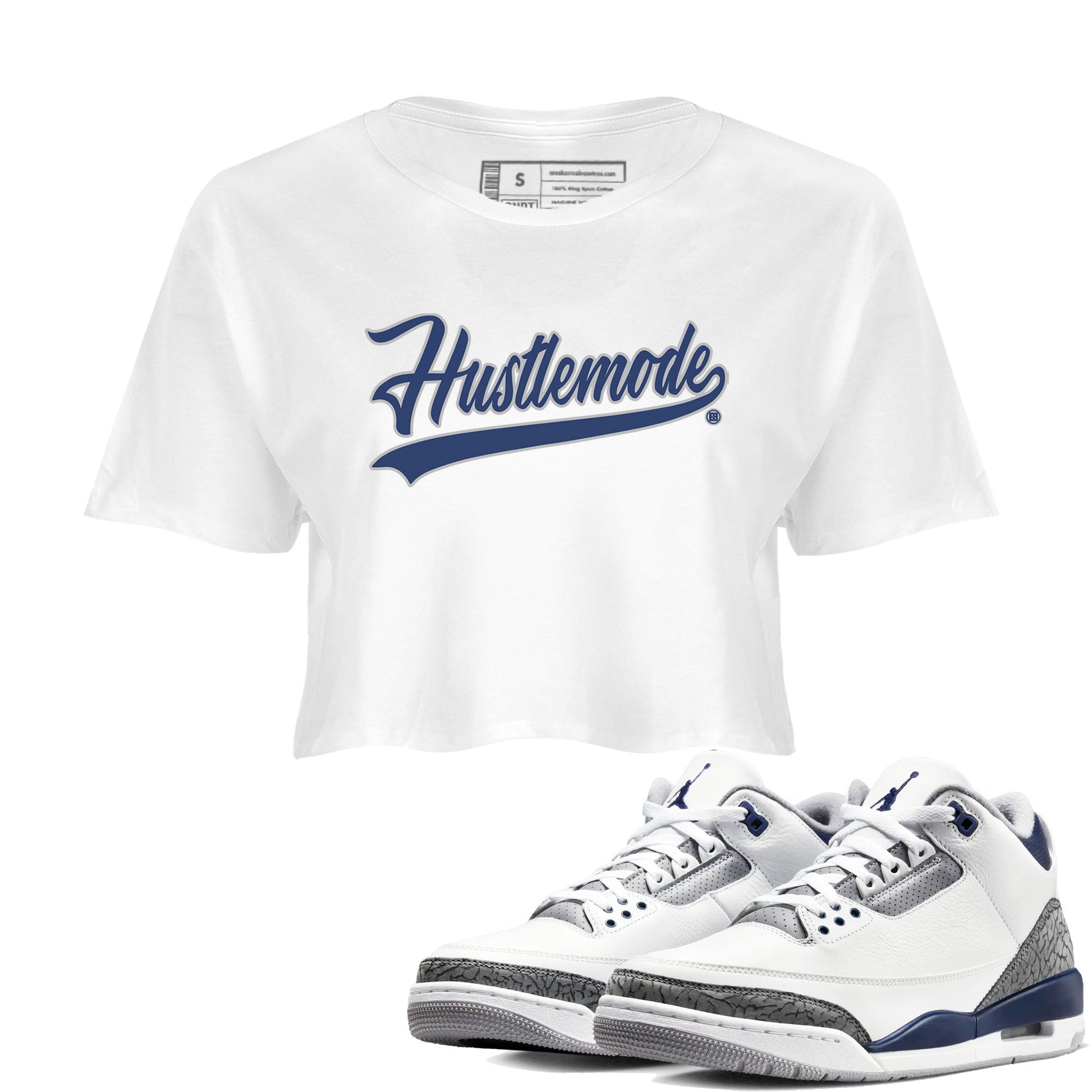 Air Jordan 3 Midnight Navy shirt to match jordans Hustle Mode sneaker tees AJ3 Midnight Navy SNRT Sneaker T Shirt  White 1 crop length shirt