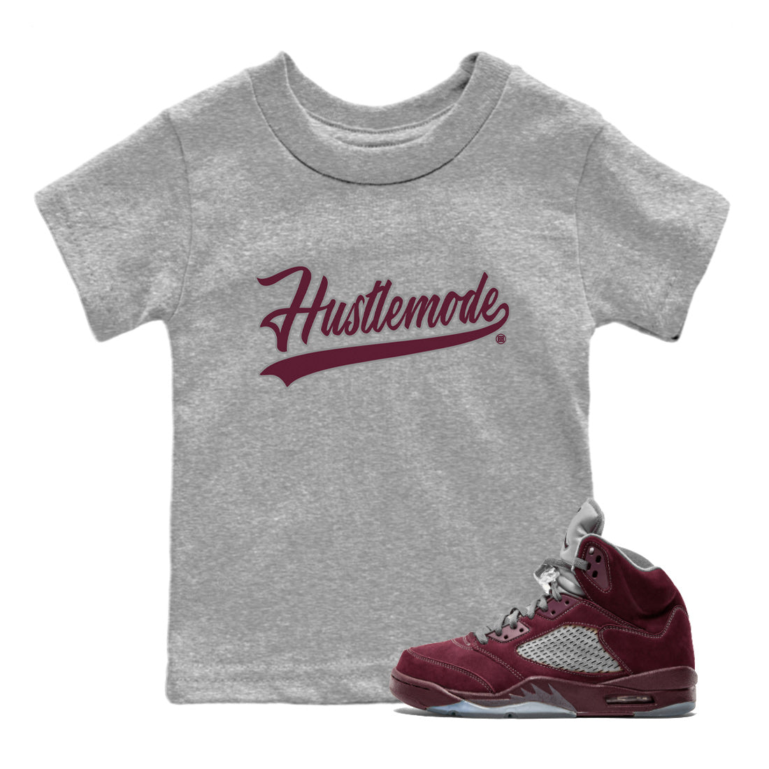 Air Jordan 5 Burgundy Sneaker Match Tees Hustle Mode Sneaker Tees Jordan 5 Burgundy Sneaker Release Tees Kids Shirts Heather Grey 1