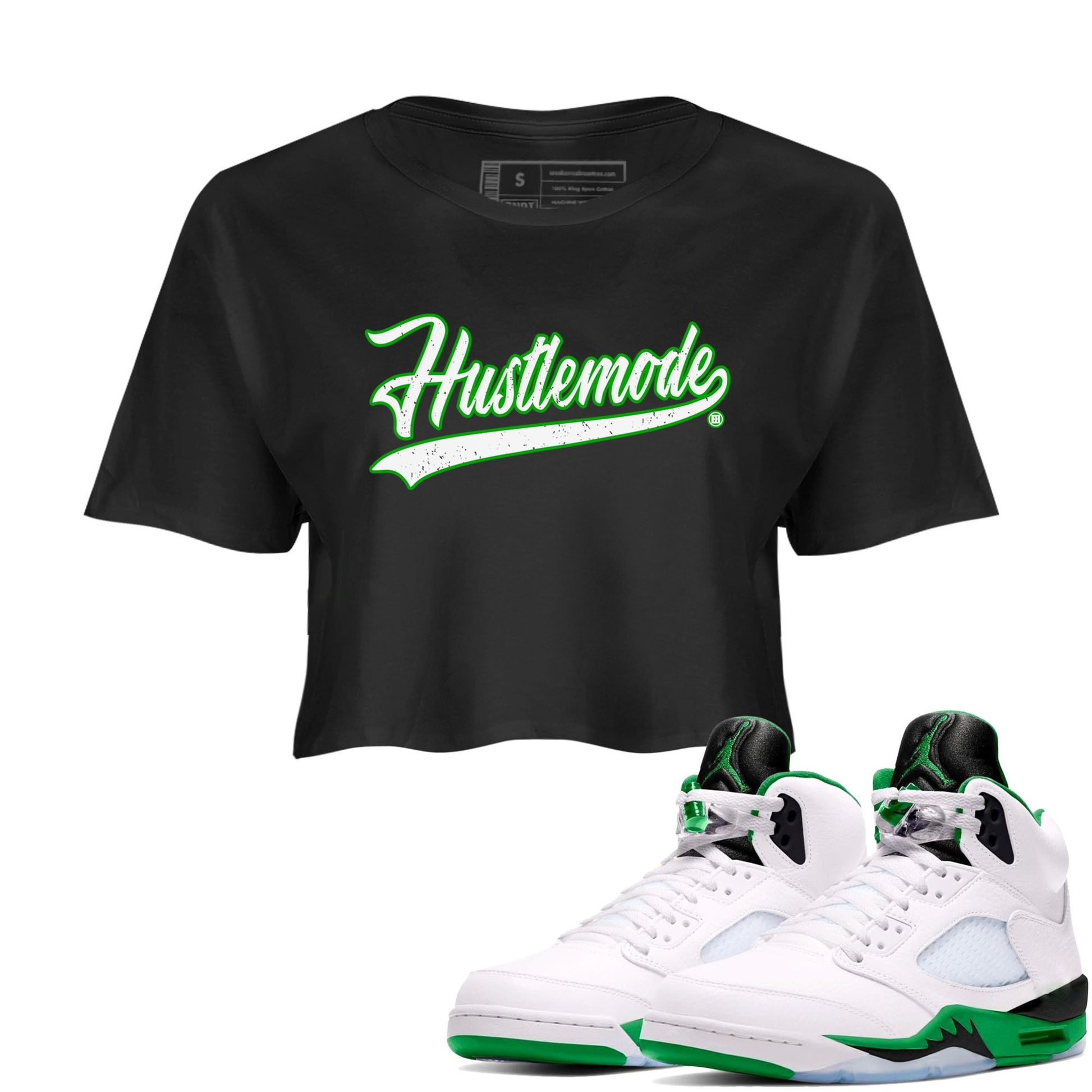 5s Lucky Green shirt to match jordans Hustle Mode sneaker tees Air Jordan 5 Retro Lucky Green SNRT Sneaker Release Tees Black 1 crop length shirt