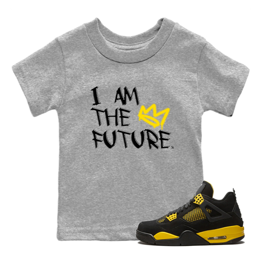 Air Jordan 4 Thunder Sneaker Match Tees I Am The Future Sneaker Tees Air Jordan 4 Retro Thunder Sneaker Release Tees Kids Shirts Heather Grey 1