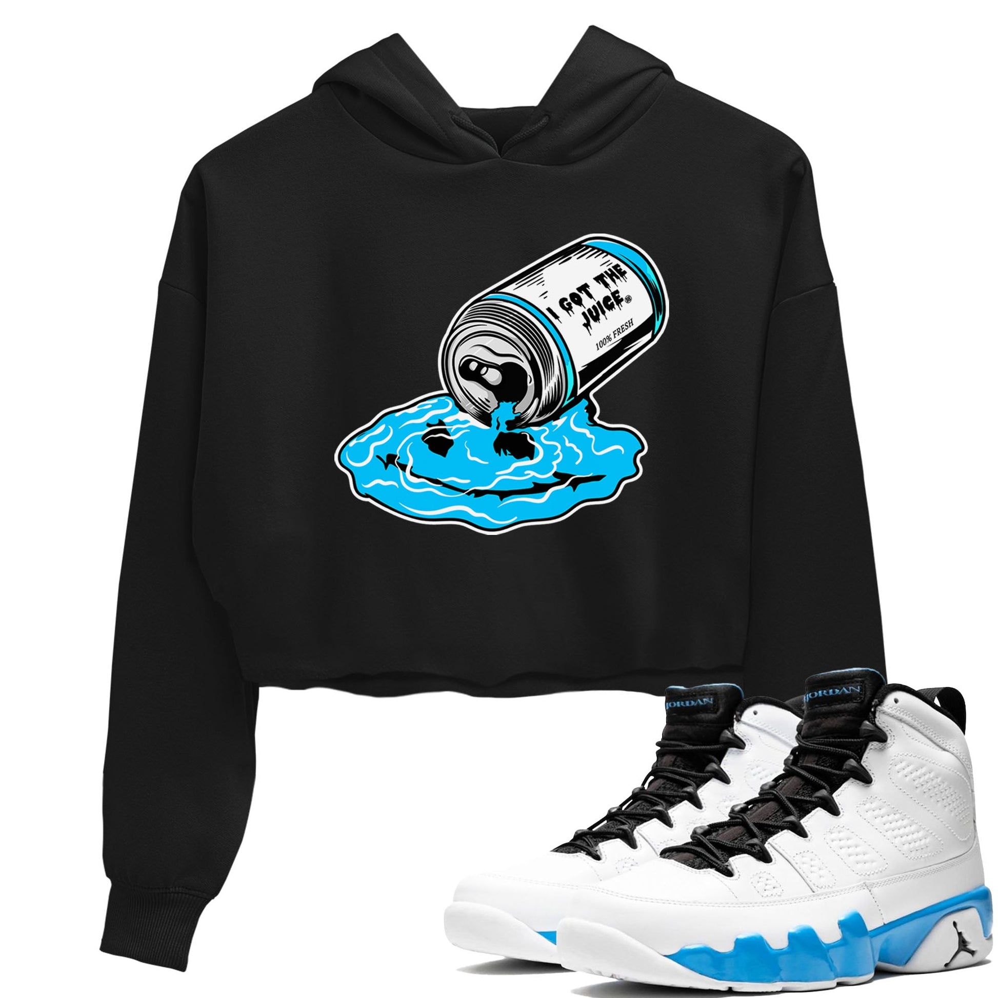 9s Powder Blue shirt to match jordans I Got The Juice sneaker tees Air Jordan 9 Powder Blue SNRT Sneaker Release Tees Black 1 crop length shirt