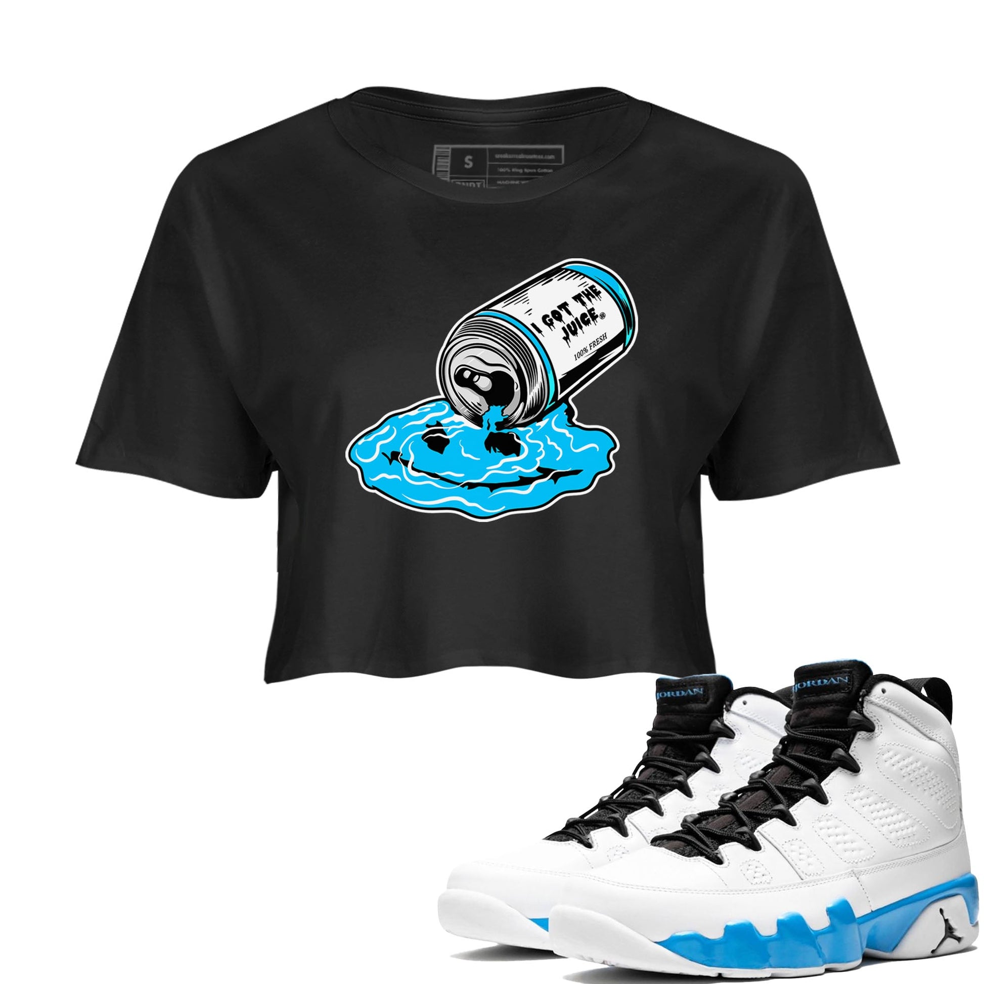 9s Powder Blue shirt to match jordans I Got The Juice sneaker tees Air Jordan 9 Powder Blue SNRT Sneaker Release Tees Black 1 crop length shirt