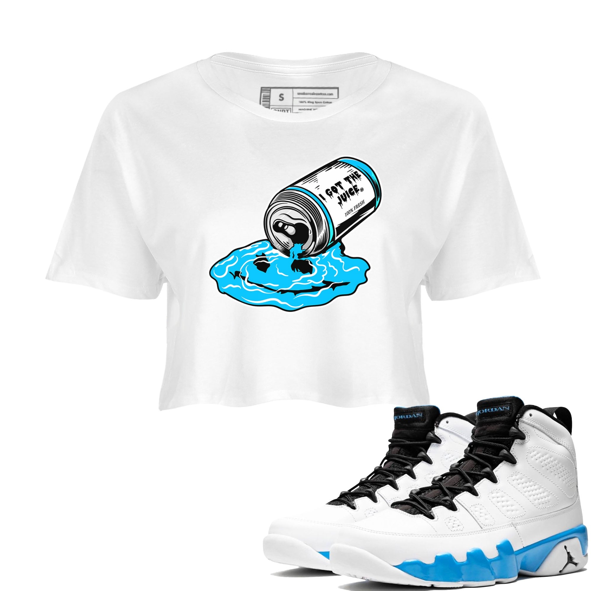 9s Powder Blue shirt to match jordans I Got The Juice sneaker tees Air Jordan 9 Powder Blue SNRT Sneaker Release Tees White 1 crop length shirt