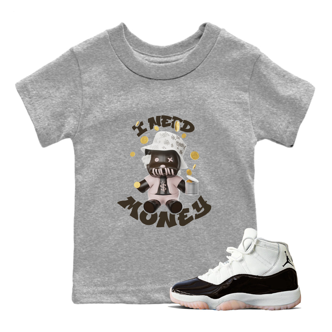 Air Jordan 11 Neapolitan shirt to match jordans I Need Money sneaker tees AJ11 Neapolitan SNRT Sneaker Release Tees Baby Toddler Heather Grey 1 T-Shirt