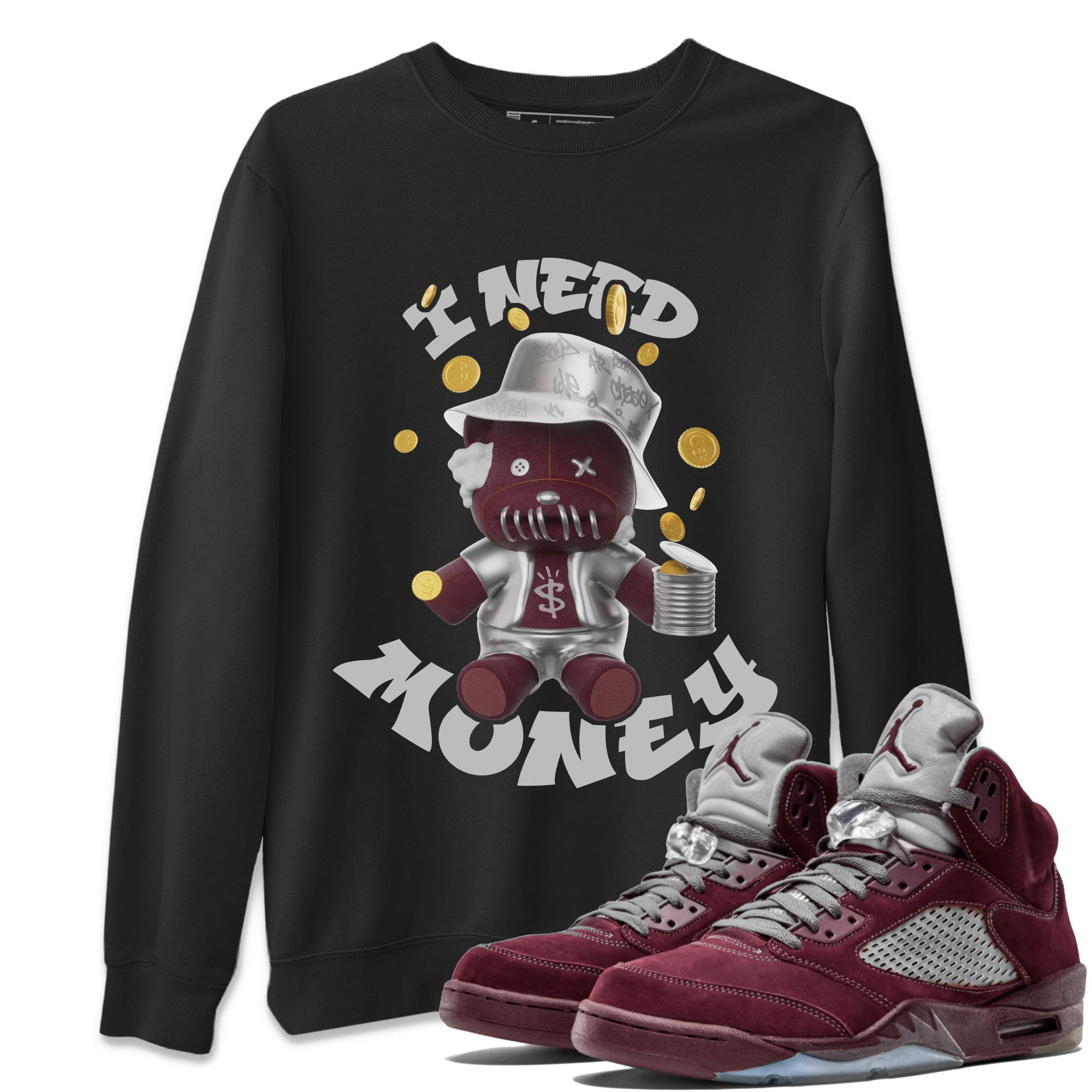 Air Jordan 5 Burgundy shirt to match jordans I Need Money sneaker tees AJ5 Burgundy SNRT Sneaker Release Tees Unisex Black 1 T-Shirt
