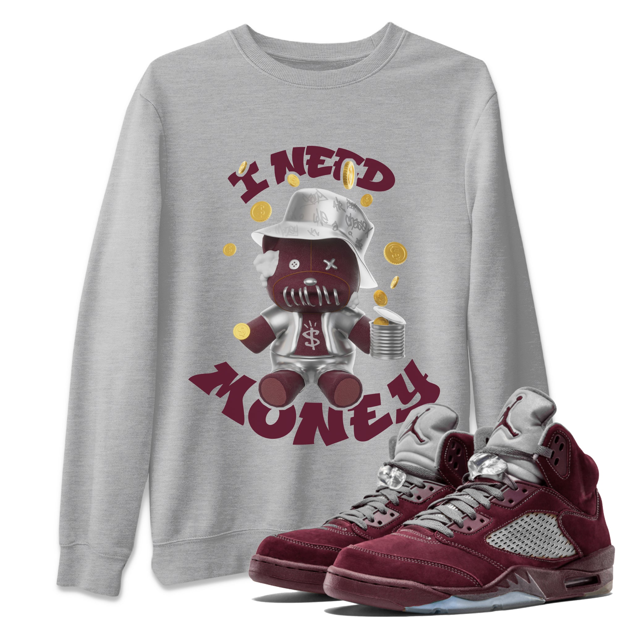 Air Jordan 5 Burgundy shirt to match jordans I Need Money sneaker tees AJ5 Burgundy SNRT Sneaker Release Tees Unisex Heather Grey 1 T-Shirt